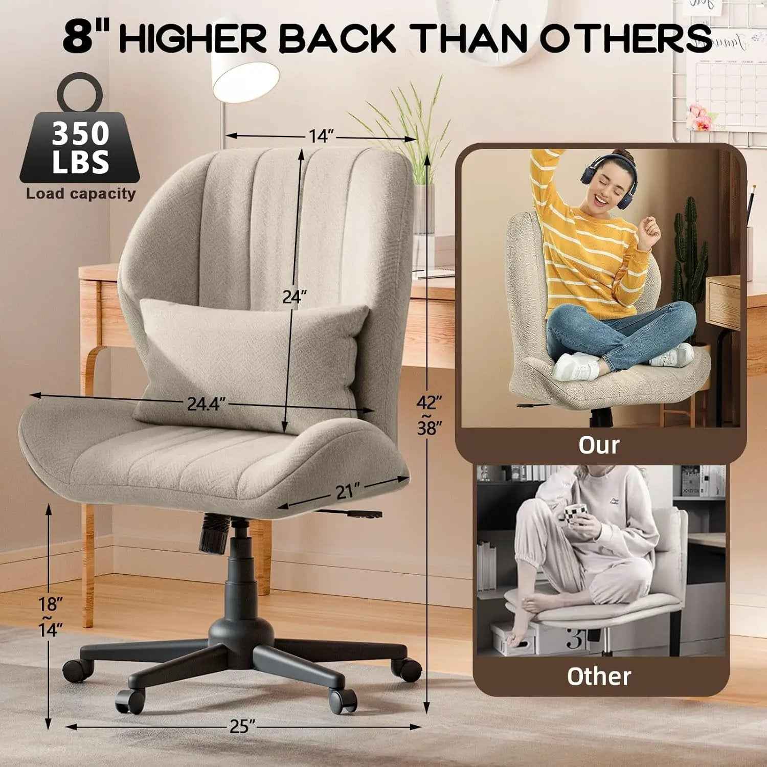 ZZW Criss Cross Chair with Wheels, Wide Cross Legged Office Chair Armless Comfy Desk Chair with Tall Back Vanity Chairs with Stress Relief Curved Design Seat for Bedroom & Office & Home Oatmeal
