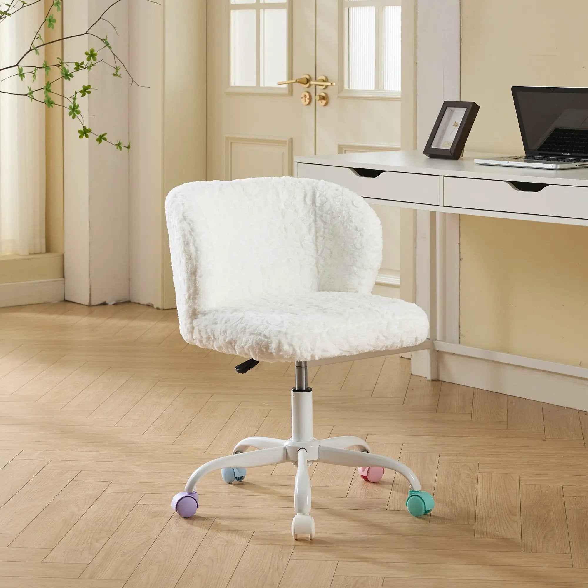Fuzzy Swivel Desk Chair with Colorful Wheels, Adjustable Height