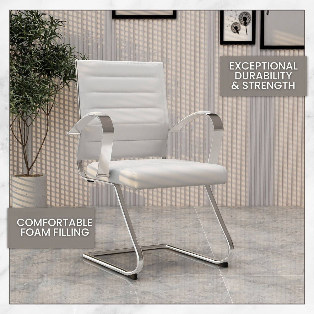 24 PCS Benmar Leather Upholstered Computer Office Chair with Sled Base, Padded Armrests for Home or Office - White