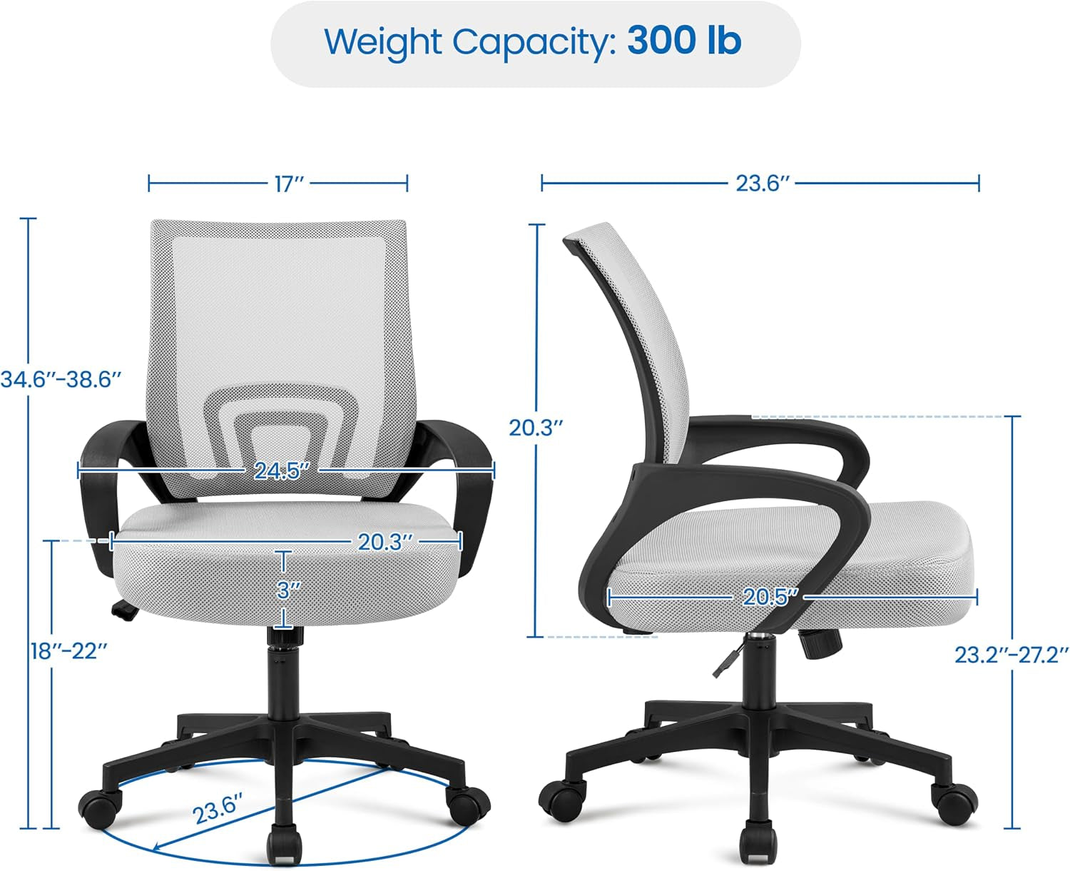 Yaheetech Mid Back Mesh Computer Office Desk Chair Adjustable Swivel, Grey | Breathable Mesh Back and Foam Padded Seat for Comfortable Work at Home or Office; Steel Frame Holds 300 Lb, Easy Assembly.