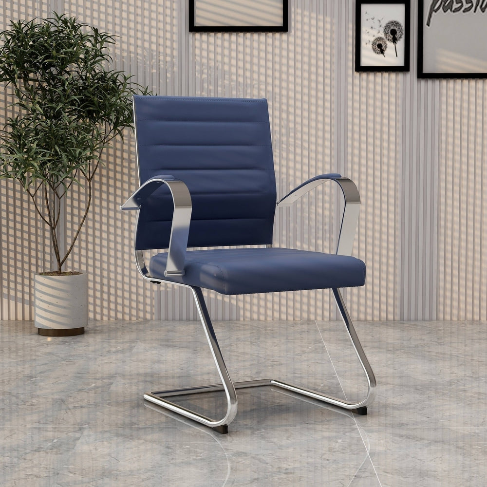 24 PCS Benmar Leather Upholstered Computer Office Chair with Sled Base, Padded Armrests for Home or Office - Navy Blue