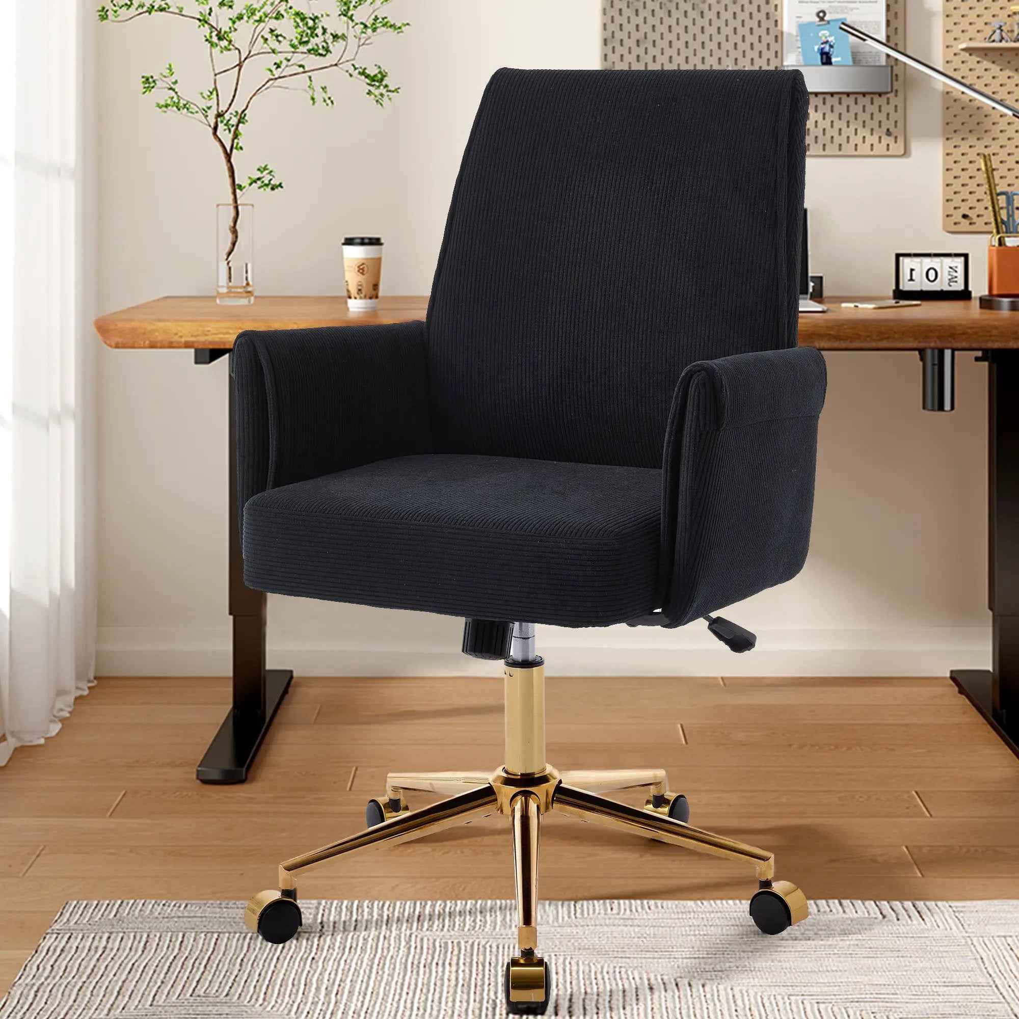Ergonomic Black Corduroy Office Chair with Gold Base