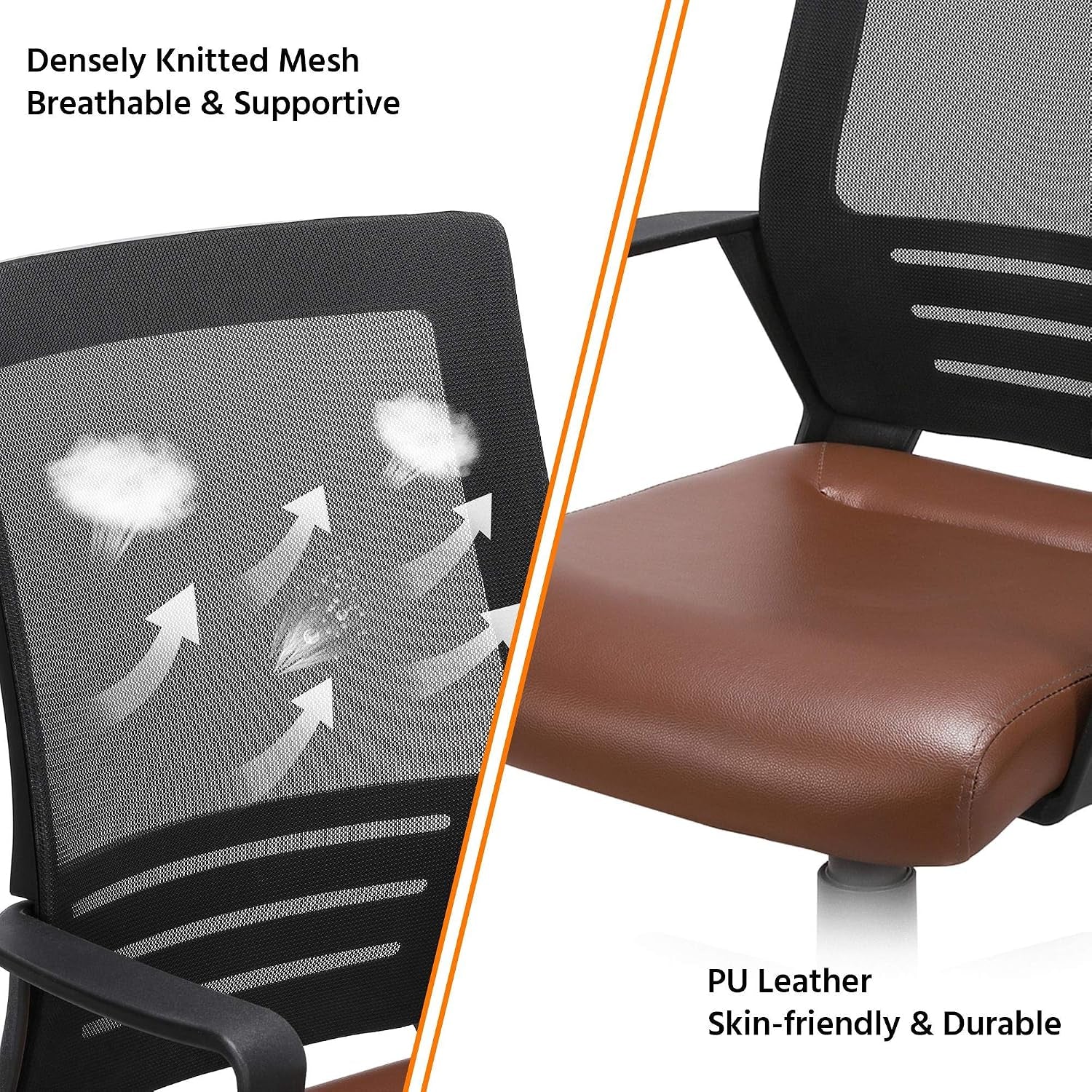 Yaheetech Ergonomic Home Office Chair Leather and Mesh Combine Desk Chair Rolling Swivel Adjustable Mesh Chair with Lumbar Support and Armrests for Office and Home, Brown | Breathable Mesh Back and Padded PU Leather Seat Keep You Comfortable All Day, with Quick Assembly and Sturdy 265 Lb Support.