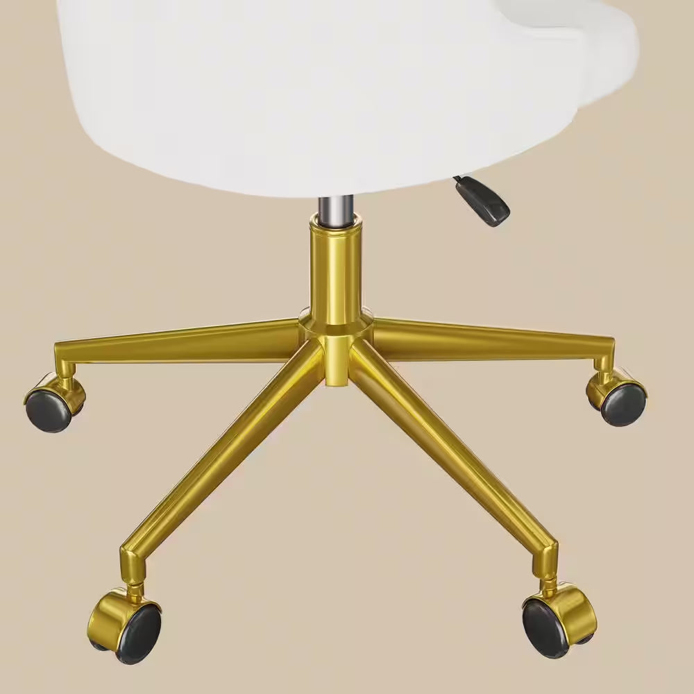 Height-Adjustable Velvet Office Chair with 360° Swivel, Gold Base, Rolling Desk Chair White for Living Room or Makeup