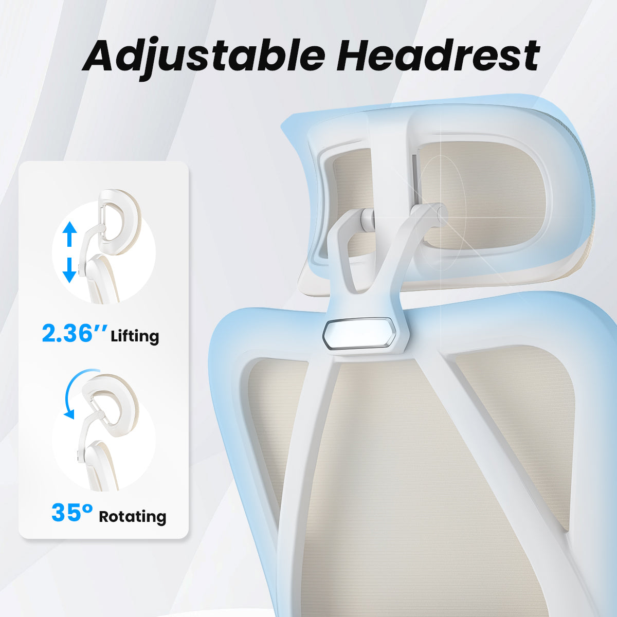 White and khaki ergonomic office chair by Platinum-Level Office Chairs with mesh back, headrest, footrest, and adjustable lumbar support.