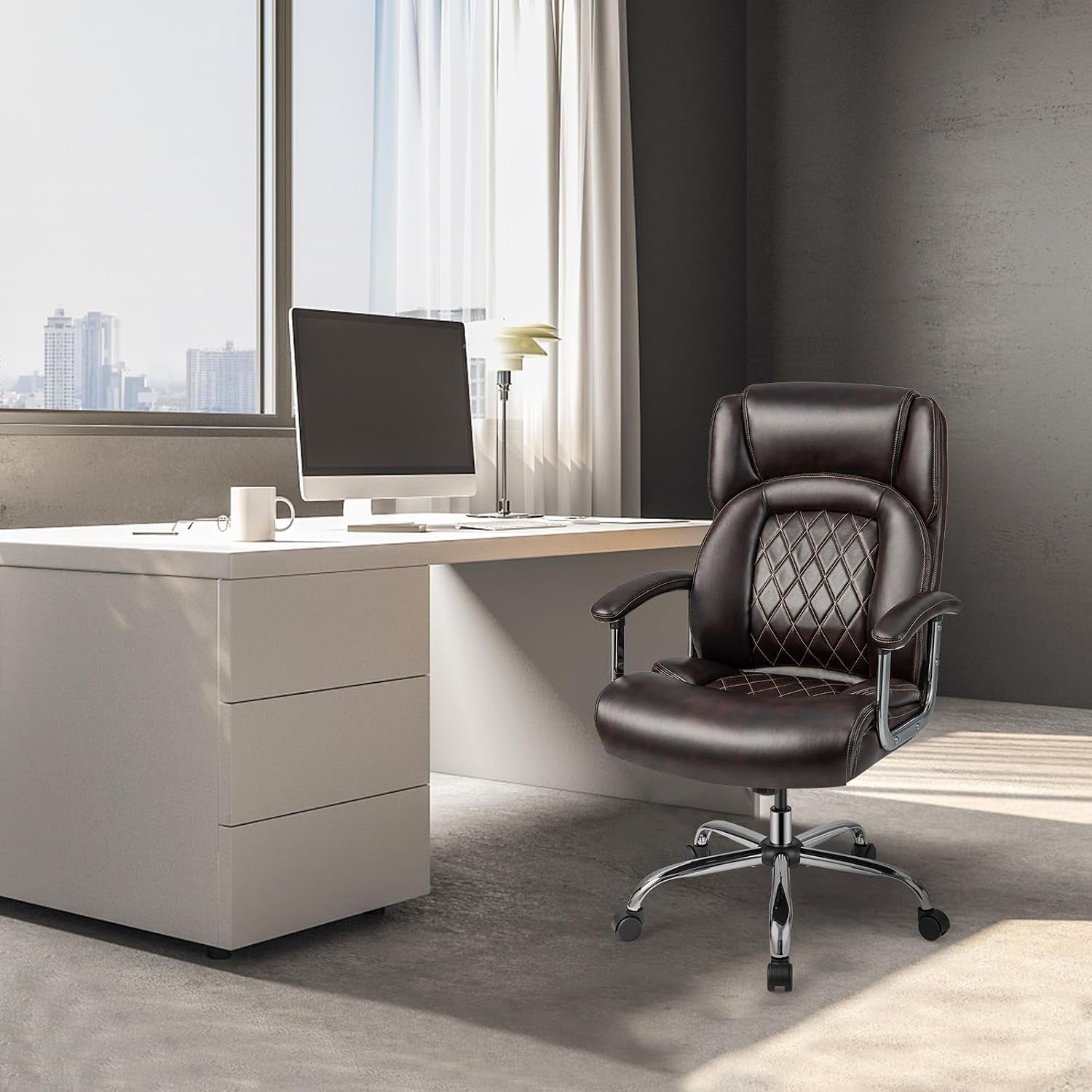 POWERSTONE Big and Tall Office Chair - 500LBS High Back Executive Desk Chair Adjustable Leather Computer Chair Home Office Extra Wide Swivel Task Chair for Heavy People Adults Brown
