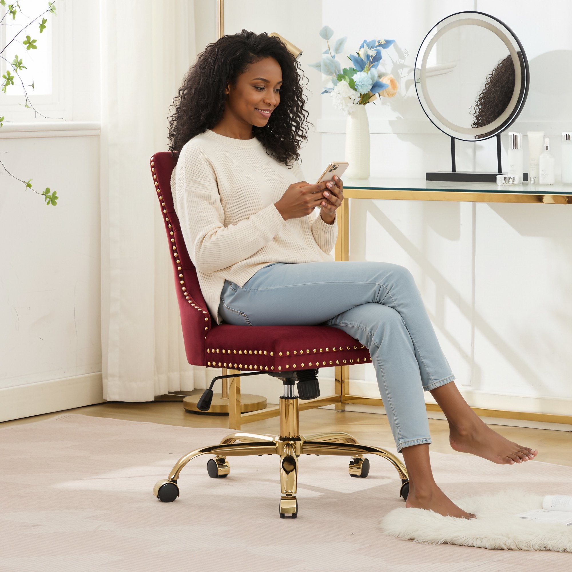 Wine Red Velvet Tufted Office Chair, A&A Furniture Classic Swivel Bedroom Chair with Golden Metal Base and Nailhead Trim - Platinum-Level Office Chairs