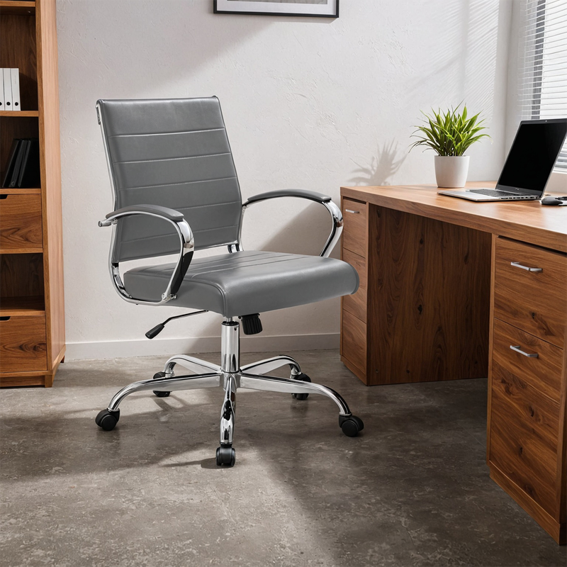 30 PCS Benmar Leather Office Desk Computer Chair with Ribbed Seat and Steel Frame - Grey