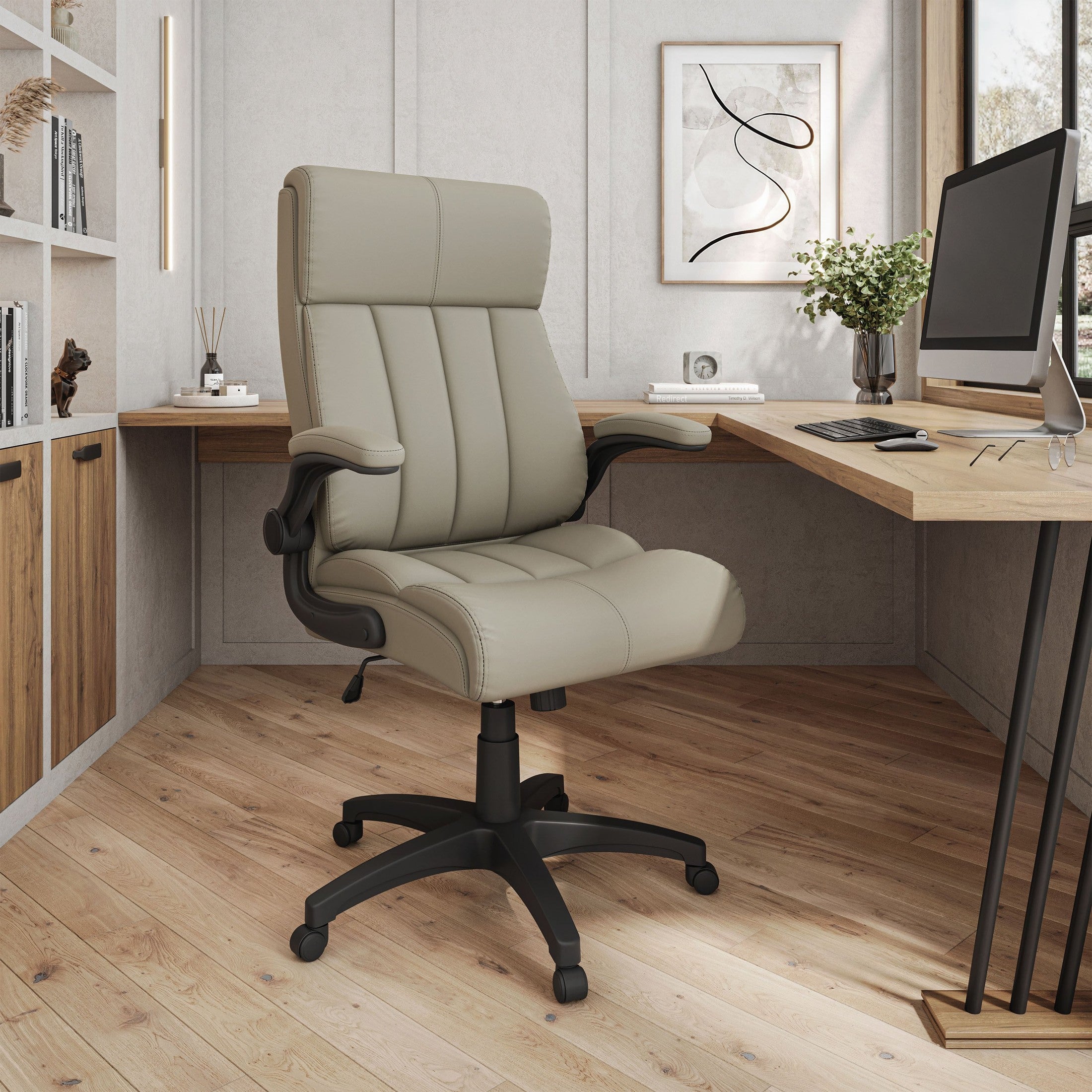 Taupe Faux Leather Ergonomic Executive Office Chair, Flip-Up Arms - Platinum-Level Office Chairs