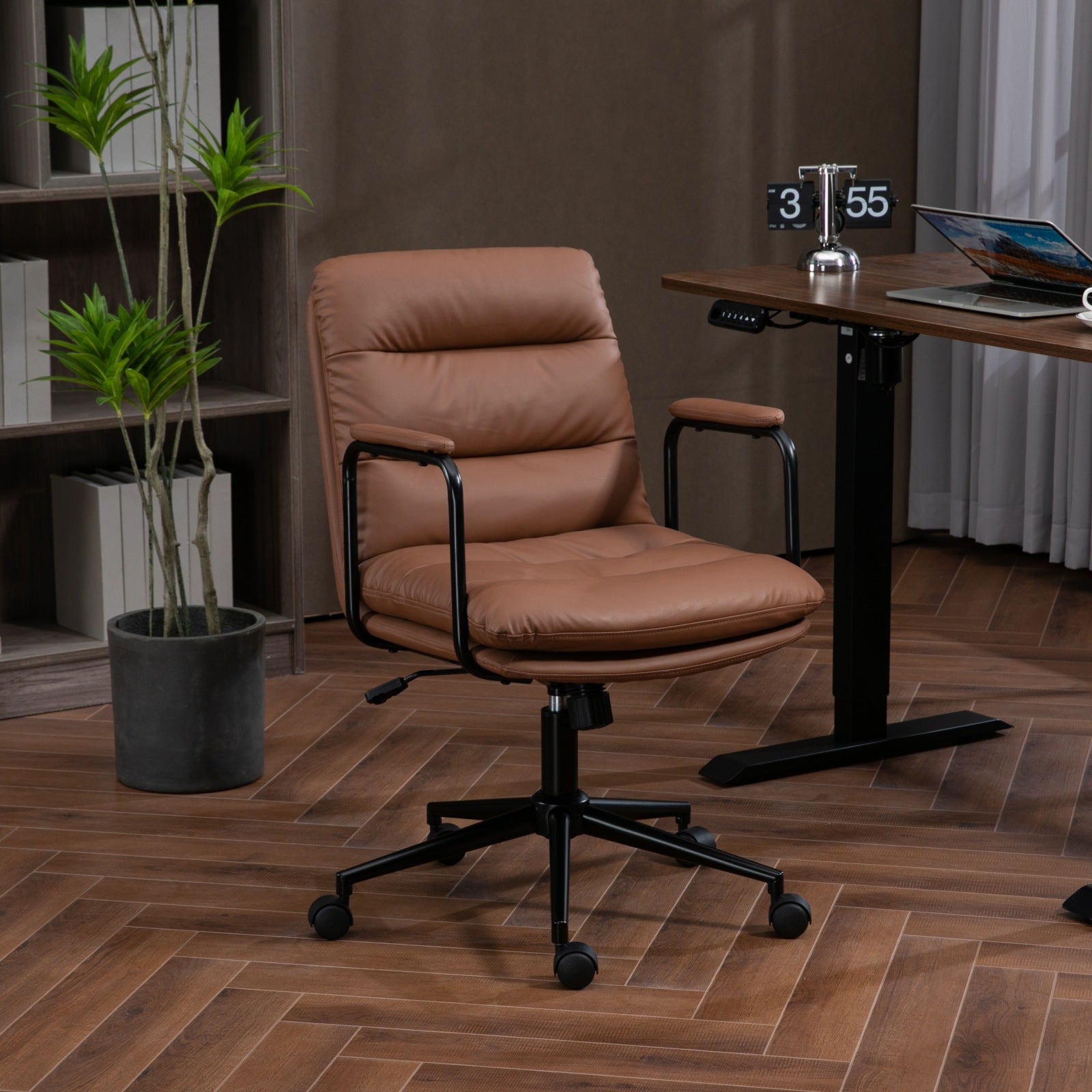 Office Chair,Mid Back Home Office Desk Task Chair with Wheels and Arms Ergonomic PU Leather Computer Rolling Swivel Chair with Padded Armrest,The back of the chair can recline 40° (Brown) - Platinum-Level Office Chairs