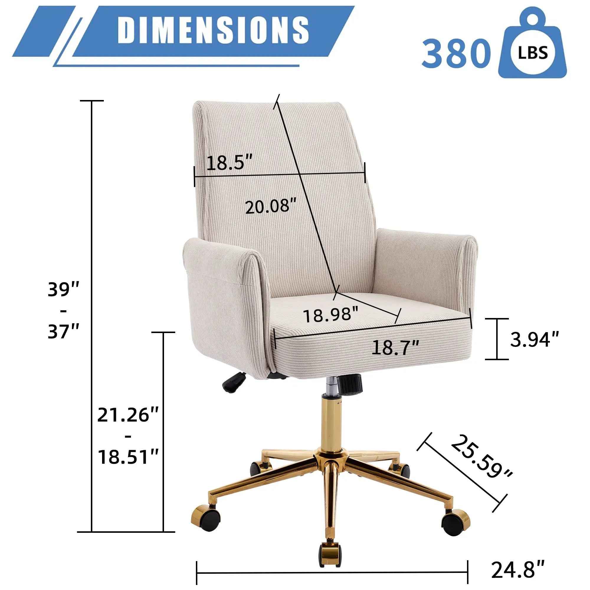 White Corduroy Office Chair Gold Base Ergonomic Design