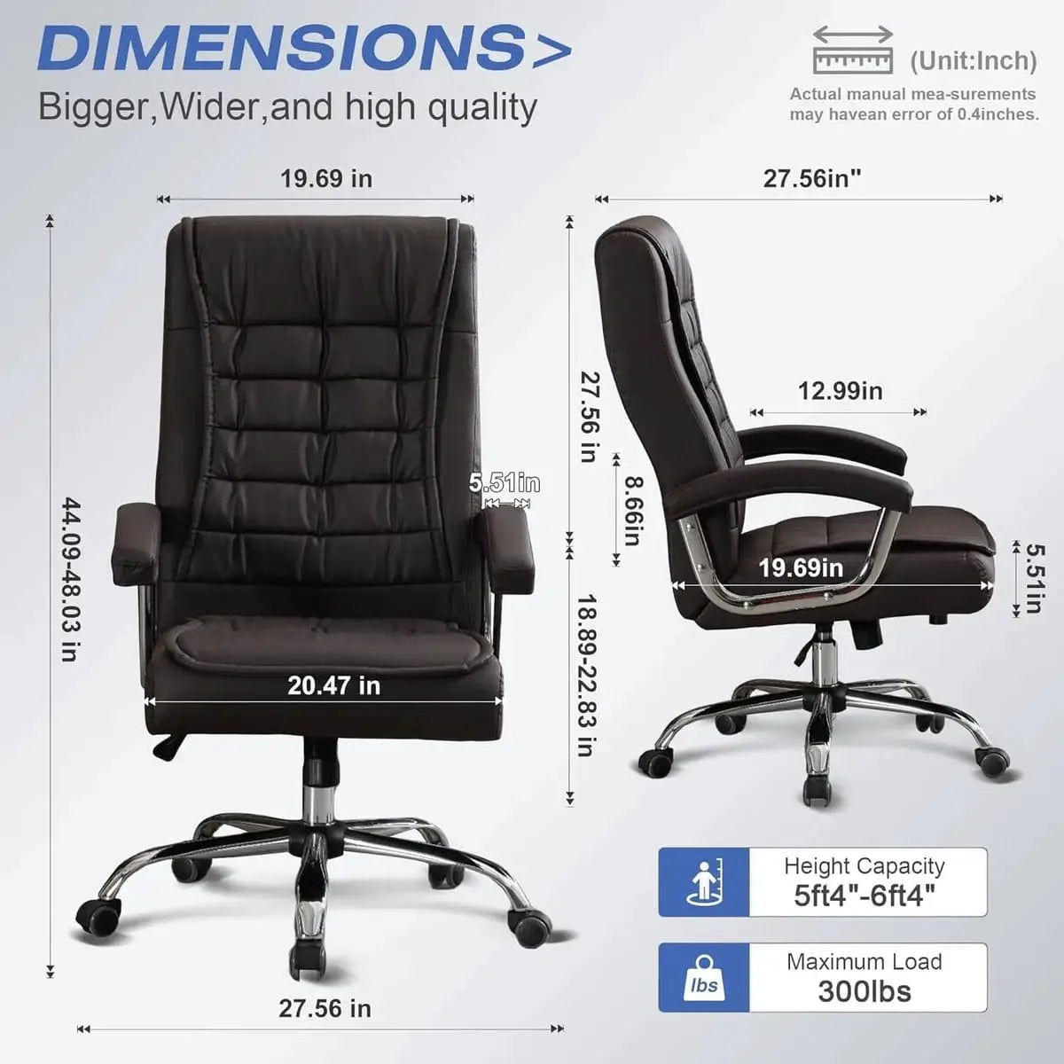 Executive Office Chair Adjustable Leather Chair High Back Swivel Office Desk Chair with Padded Armrest 350Lbs Load-Bearing Spring Seat Computer Desk Chair for Home Office, Brown