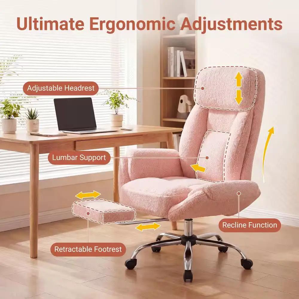 Big and Tall Teddy Fabric Footrest with Flip Armrests Office Chair in Pink, Cross Legged Computer Desk Chair