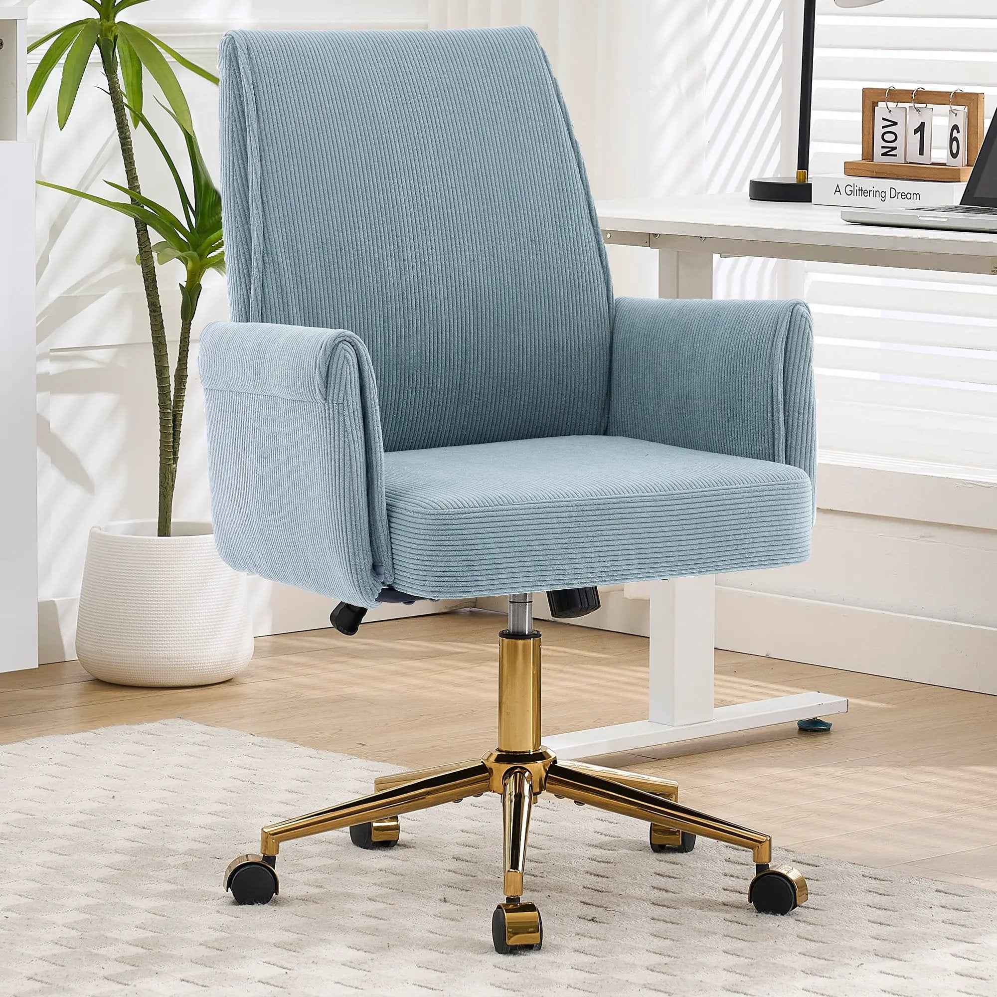 Blue Corduroy Ergonomic Office Chair with Golden Base for Comfort
