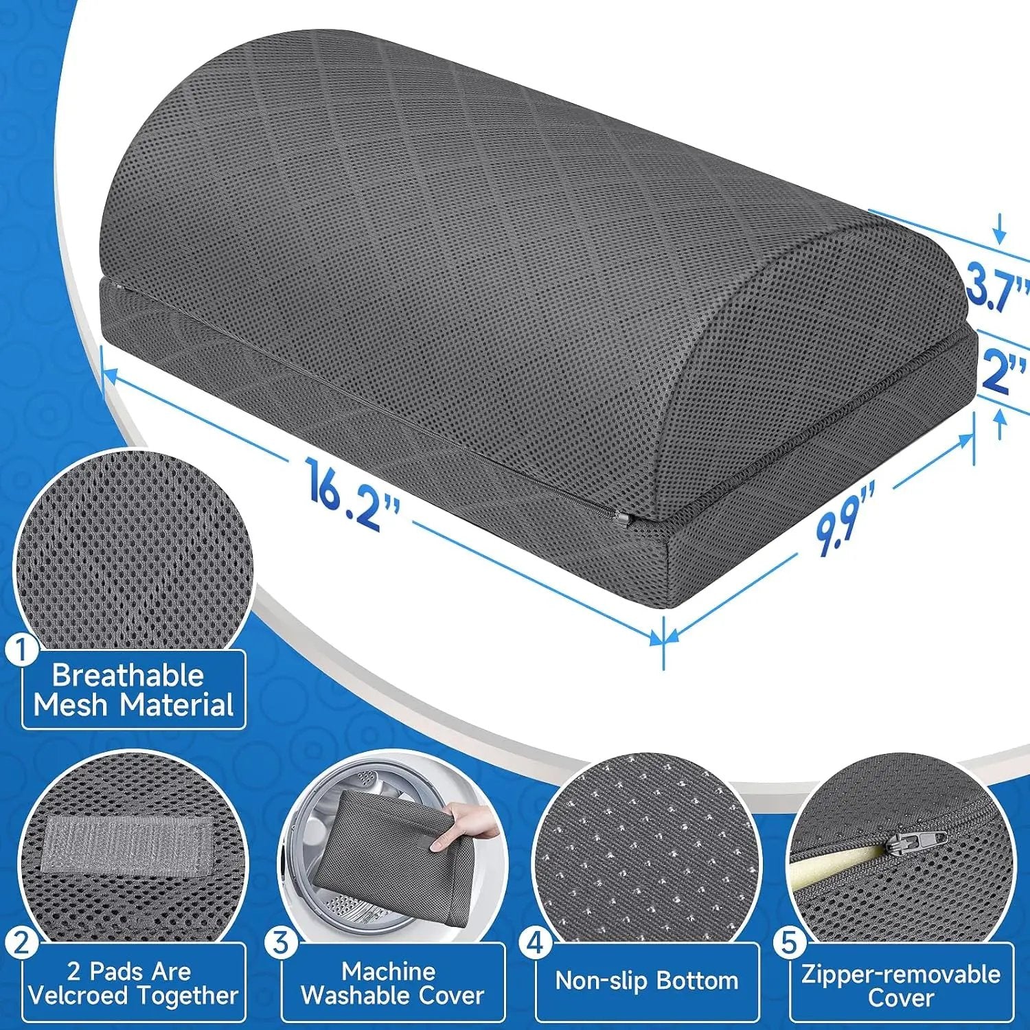 Cushzone Foot Rest gray; under-desk footrest with 2 adjustable heights and breathable mesh cover.
