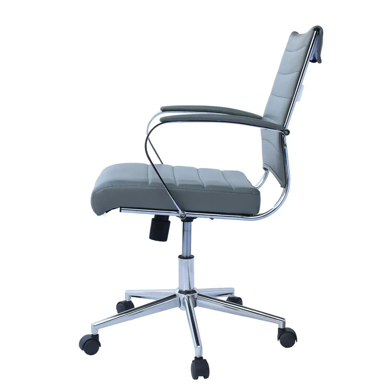 Black Office Chairs Mid Back Ribbed PU Leather Executive Task Work Conference with Arms Wheels Tilt Swivel Rolling