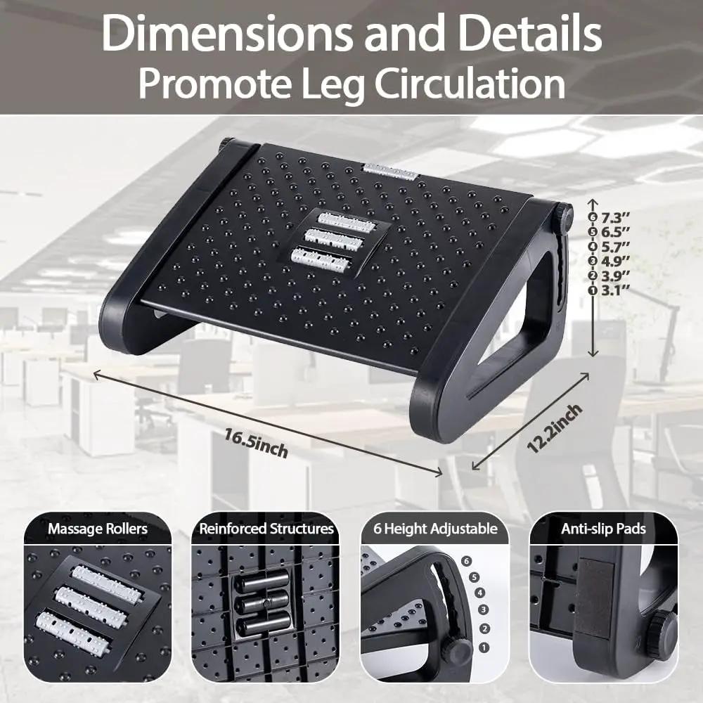 DIYI Casazenith Foot Rest, black six-height adjustable under-desk ergonomic foot rest with massage rollers
