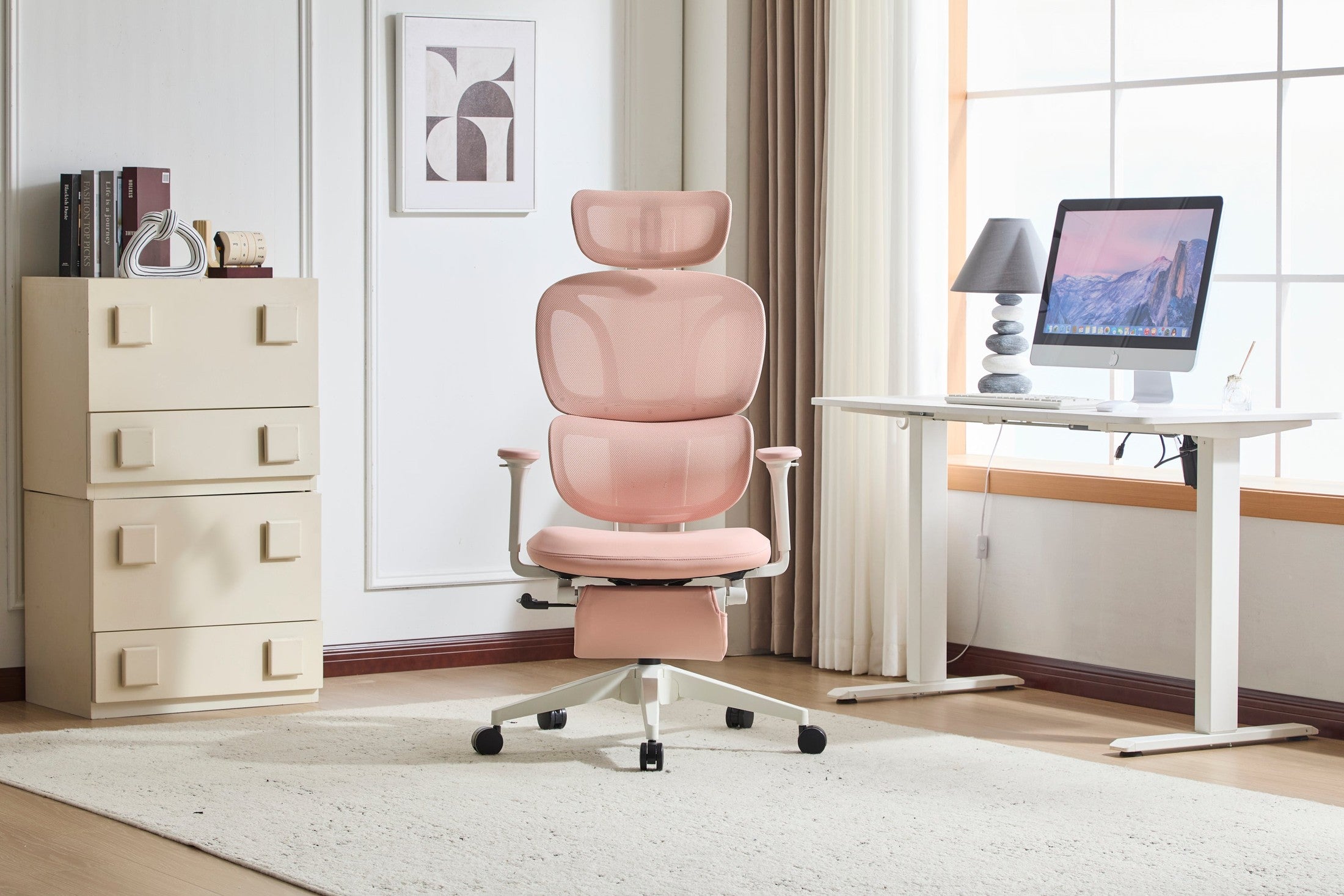 Dusty Rose Reclining Mesh Chair with Pull Out Footrest, Neck Support