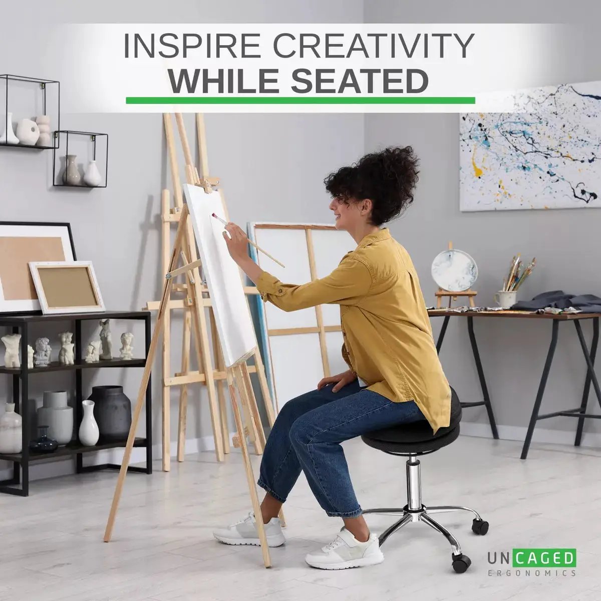 Wobble Stool Air Adjustable Office Chair Black - Uncaged Ergonomics: Rolling Balance, Core Engagement, Polyester Upholstery, Steel Frame