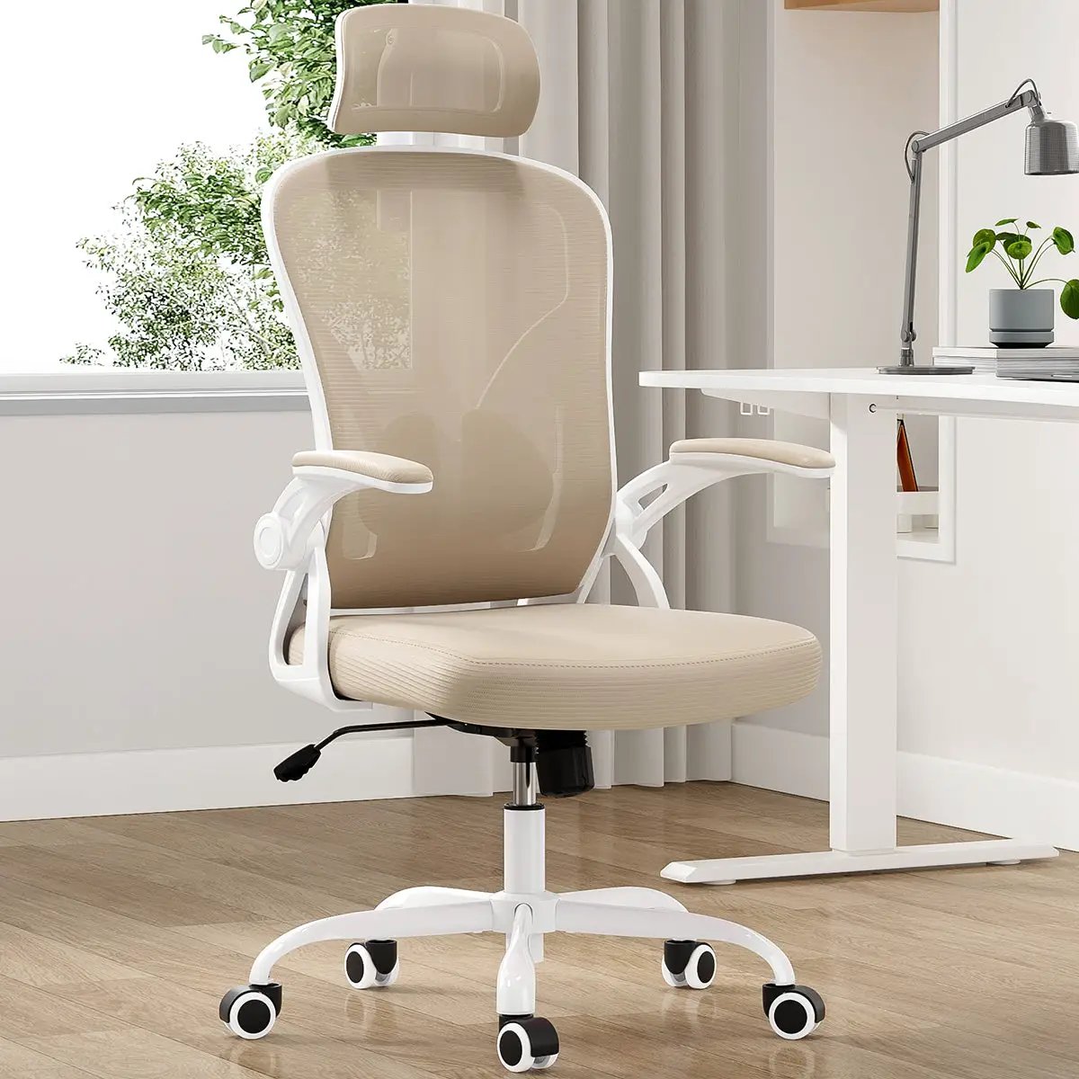 Ergonomic office chair with headrest, white and khaki color, high-back mesh back, adjustable lumbar support, wheeled base