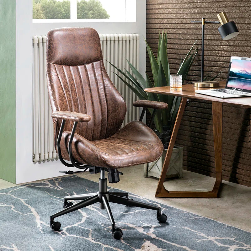 Albaugh Ergonomic Office Chair, High Back Swivel Rolling Executive Chair, Mid-Century Faux Lether with Lumbar Support, Large Computer Desk Task Chair with Suede Fabric for Home