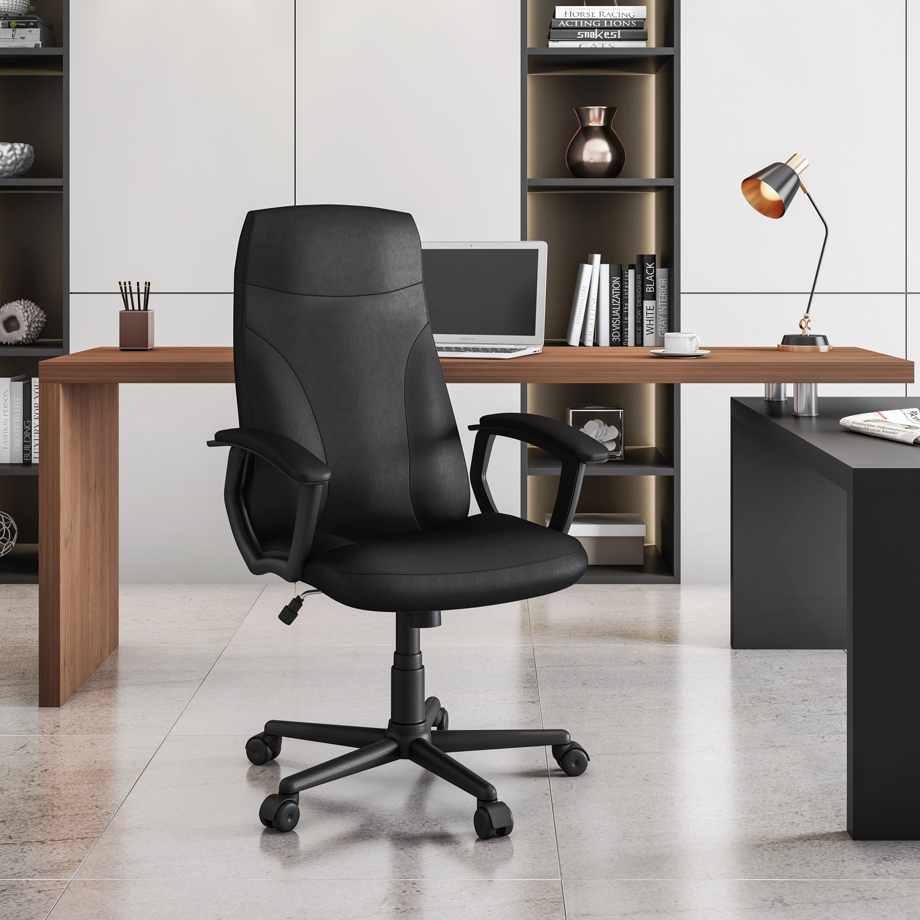 Medium Back Executive Office Chair Black TechniFlex Upholstery with Padded Armrests, Locking Tilt Control and Pneumatic Height Adjustment