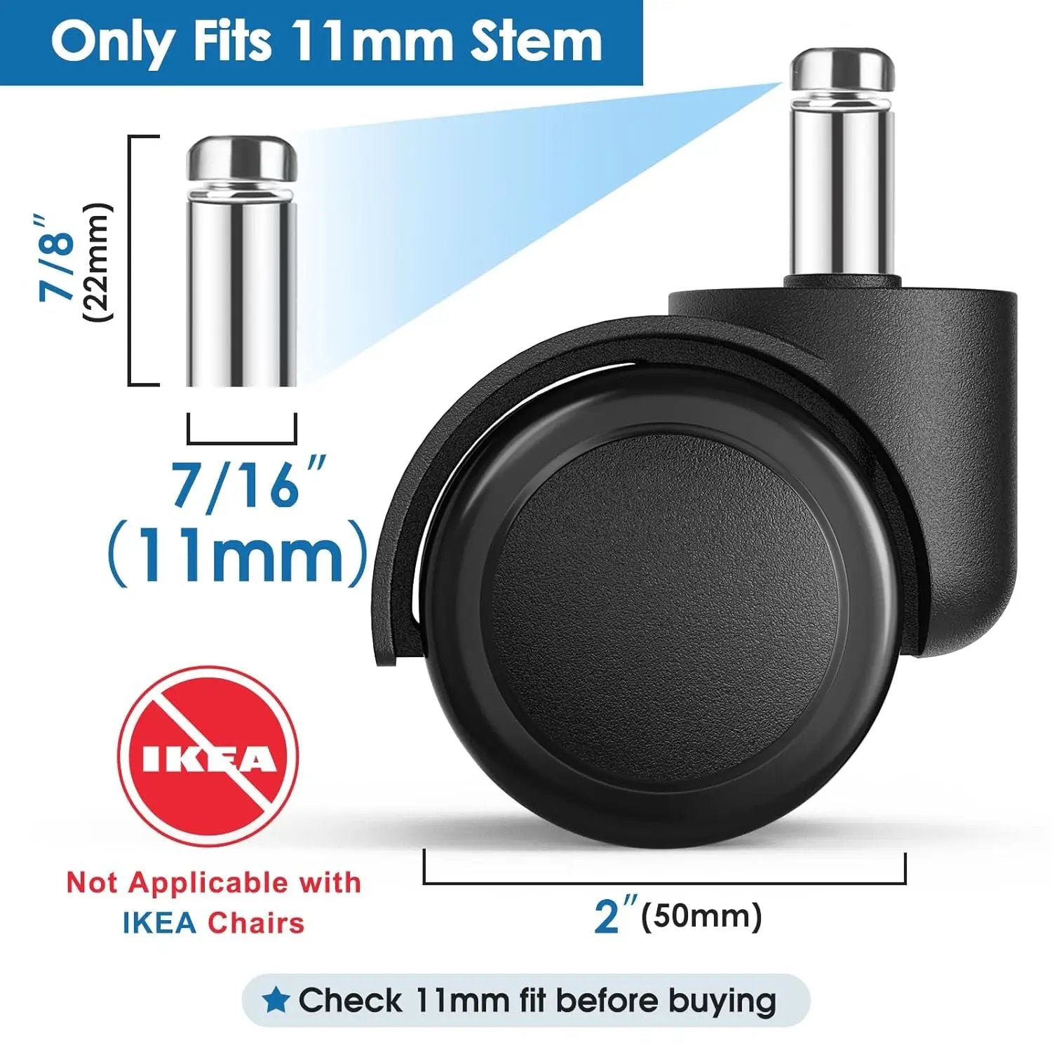 Maxgear 2-inch Office Chair Casters, heavy-duty black rubber wheels, 11mm stems, set of 5; not compatible with IKEA chairs.