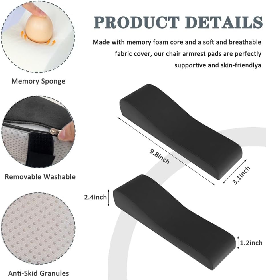 2 Pack Office Chair Armrest Pads Covers,Arm Rest Pad with Memory Foam Elbow Pillow for Forearm Pressure Relief, Arm Rest Covers for Office Chairs, Wheelchair, Comfy Gaming Chair (Black)