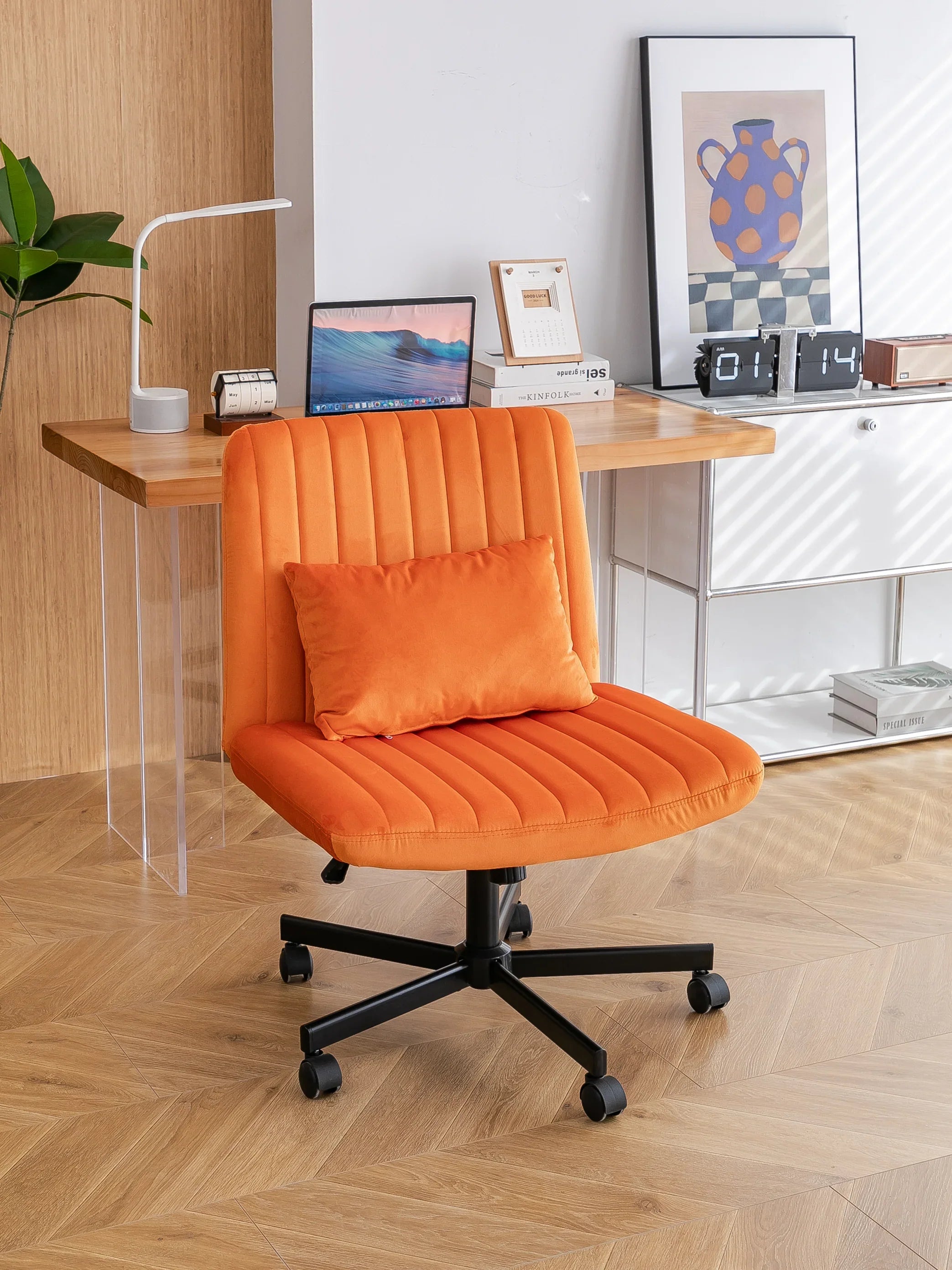 Orange Velvet Criss Cross Armless Office Chair With Wheels