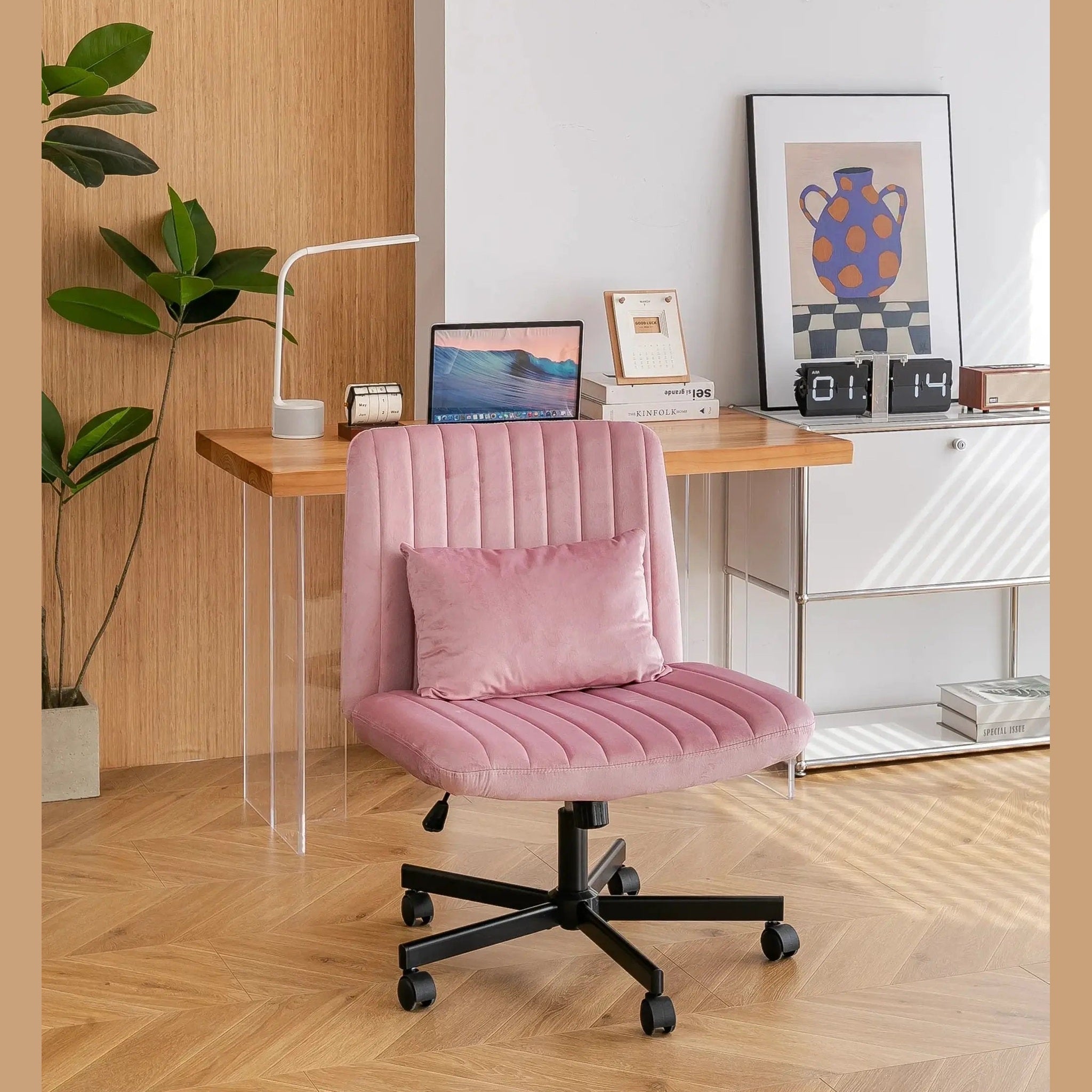 Light Pink Velvet Criss Cross Armless Office Chair With Wheels Makeup by Platinum-Level Office Chairs