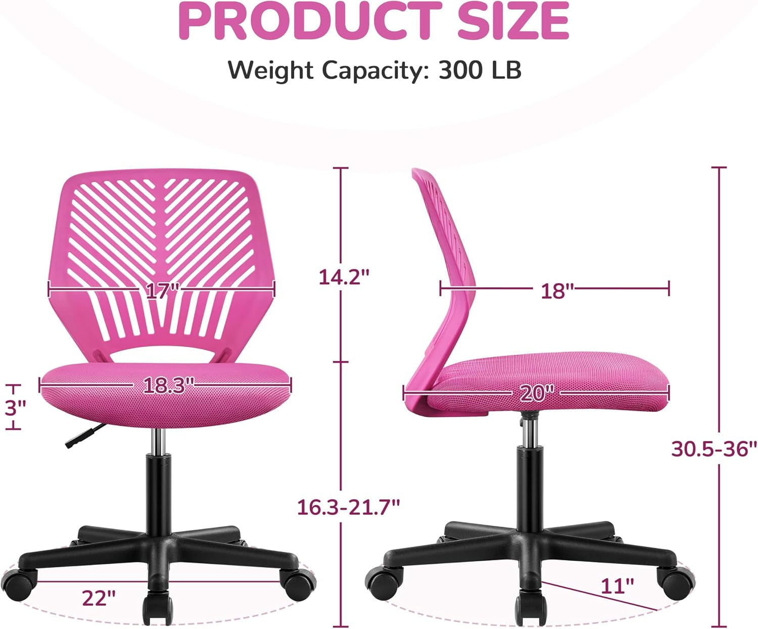 Yaheetech Small Desk Chair, Armless Adjustable Swivel Seat, Rose Red | Padded Mesh Seat and Ventilated Resin Back, Compact Armless Frame Rolls and Adjusts for Study and Small Desks, Holds 300 Lb.