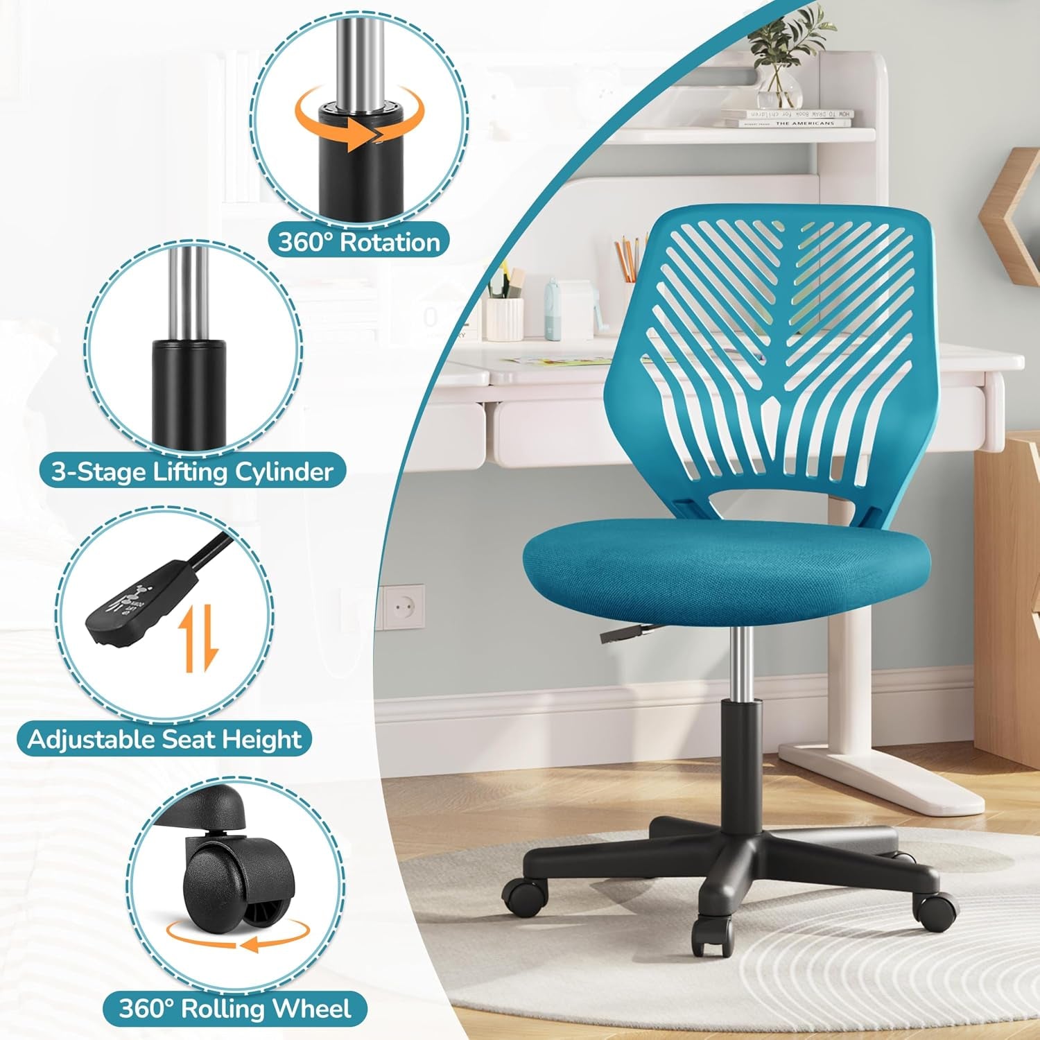 Yaheetech Small Desk Chair, Armless Adjustable Swivel Seat, Turquoise | Padded Mesh Seat and Ventilated Resin Back, Compact Armless Frame Rolls and Adjusts for Study and Small Desks, Holds 300 Lb.