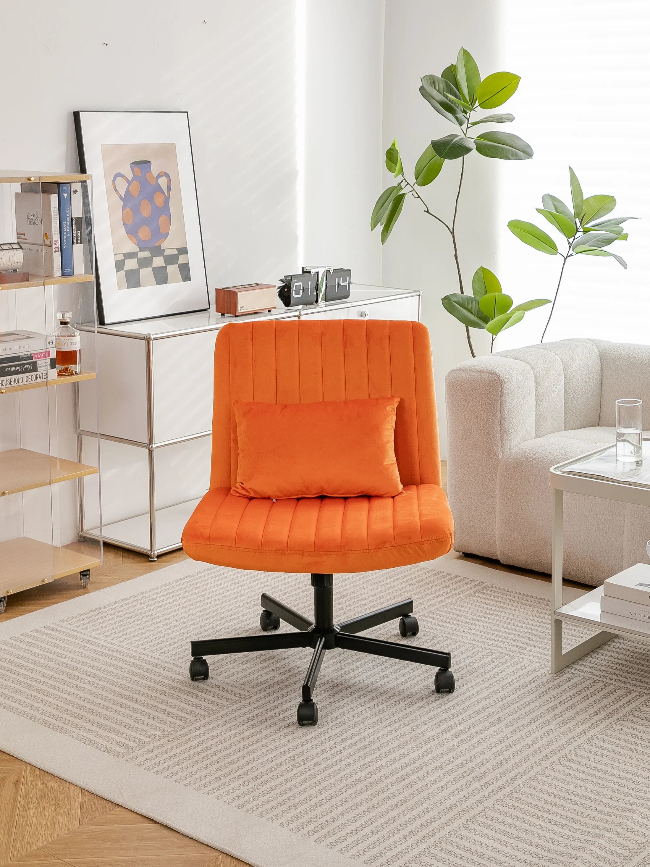 Orange Velvet Criss Cross Armless Office Chair With Wheels