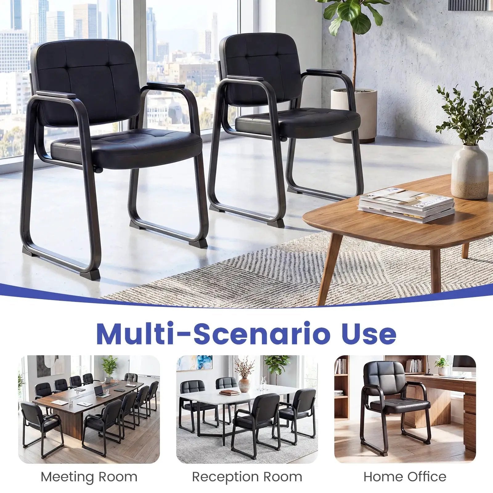 Costway Leather Office Reception Chairs Set of 2/4/6/8/10/12 with - Sled Base