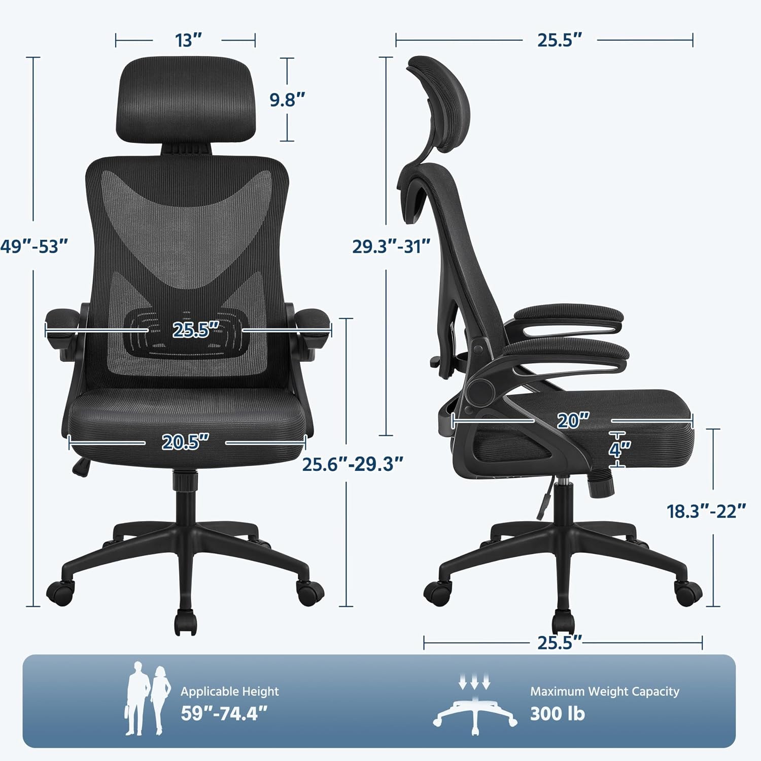 Yaheetech Ergonomic Office Chair with Headrest, Lumbar Support, Black | Breathable Mesh High-Back Adjustable Headrest, Padded Seat, and Flip-Up Armrests Supports Your Back and Neck, Holds 300Lb