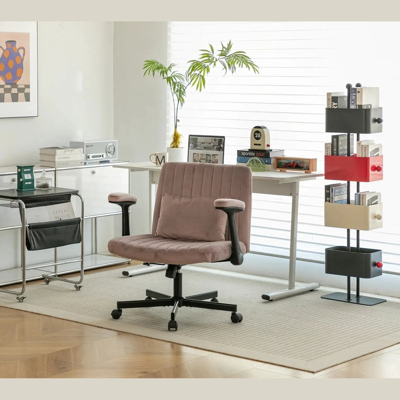 Dark Pink Velvet Criss Cross Armchair With Wheels For Home Office by Platinum-Level Office Chairs