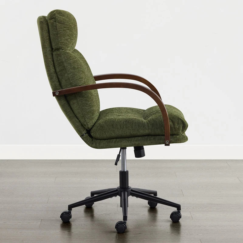 Upholstered Swivel Office Chair with Wood Arms