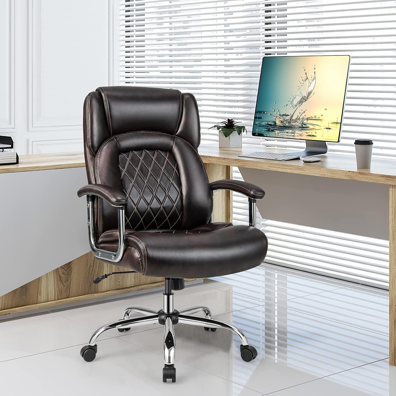 POWERSTONE Big and Tall Office Chair - 500LBS High Back Executive Desk Chair Adjustable Leather Computer Chair Home Office Extra Wide Swivel Task Chair for Heavy People Adults Brown