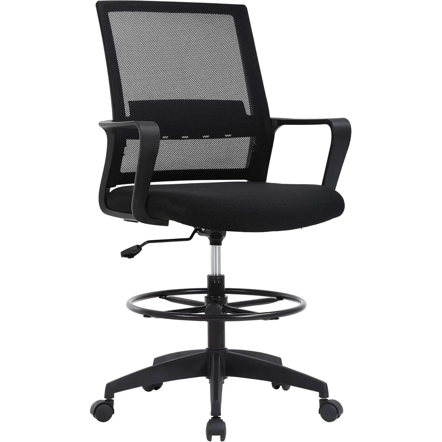 Black BestOffice ergonomic drafting chair with lumbar support, adjustable footrest, breathable mesh seat, and sturdy office stool design.