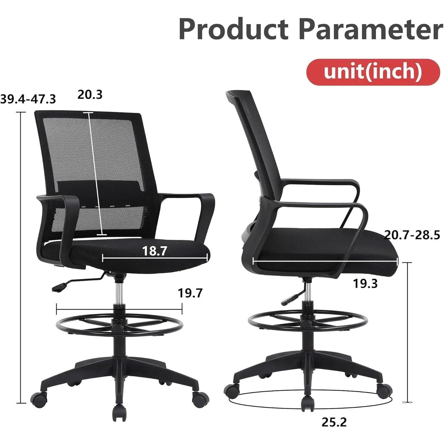 Black BestOffice ergonomic drafting chair with lumbar support, adjustable footrest, breathable mesh seat, and sturdy office stool design.