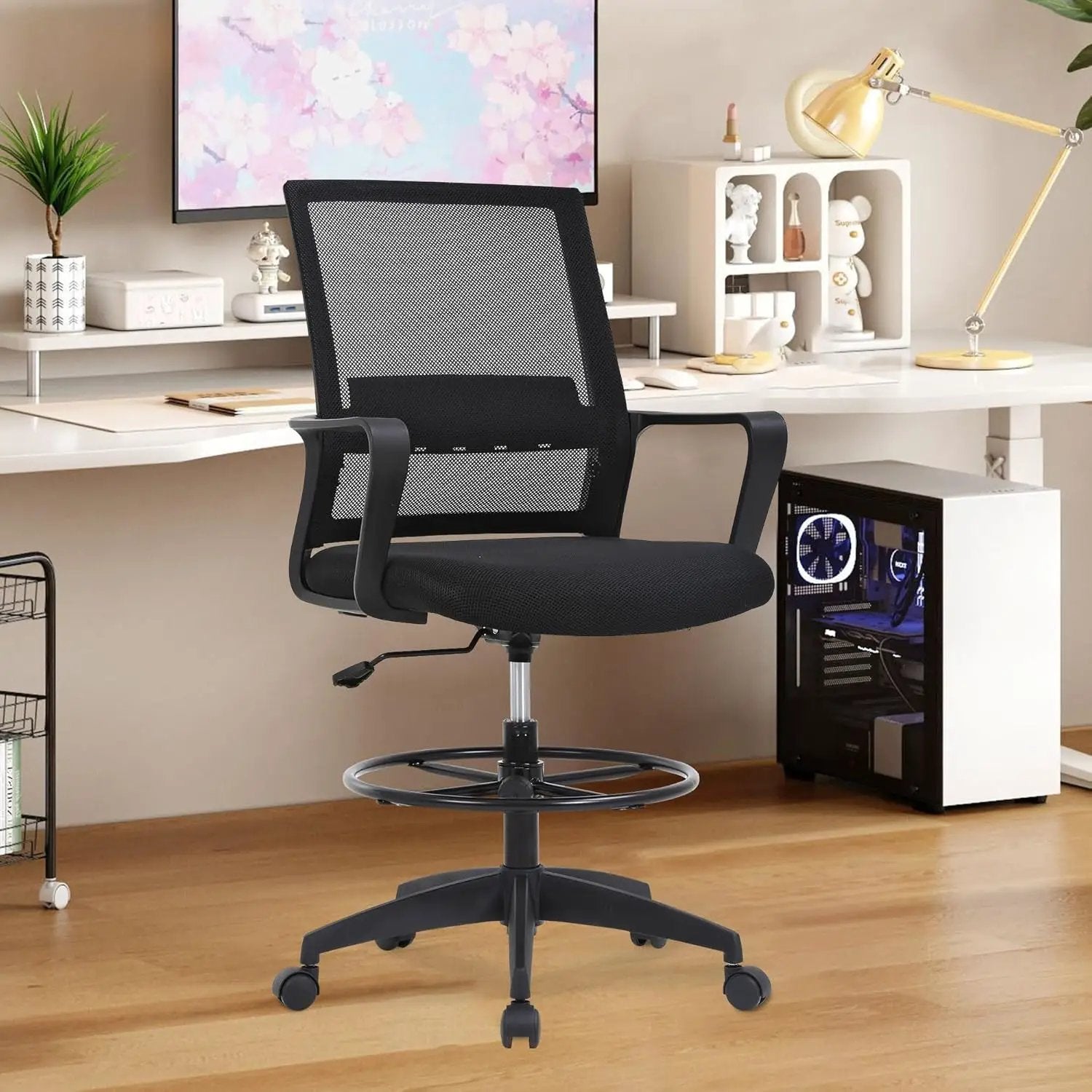 Black BestOffice ergonomic drafting chair with lumbar support, adjustable footrest, breathable mesh seat, ideal for office use.