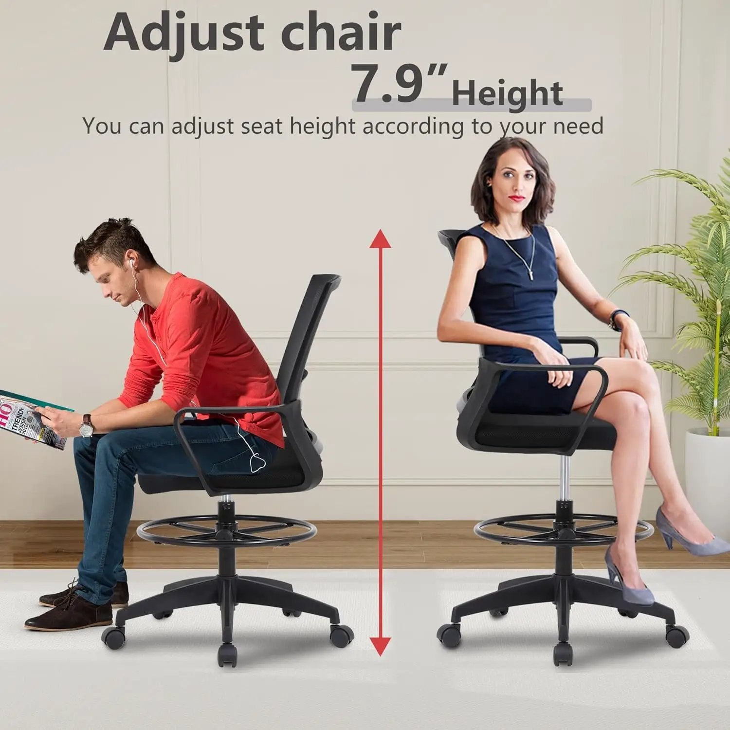 Black BestOffice ergonomic drafting chair with lumbar support, adjustable footrest, breathable mesh seat, ideal for office use.