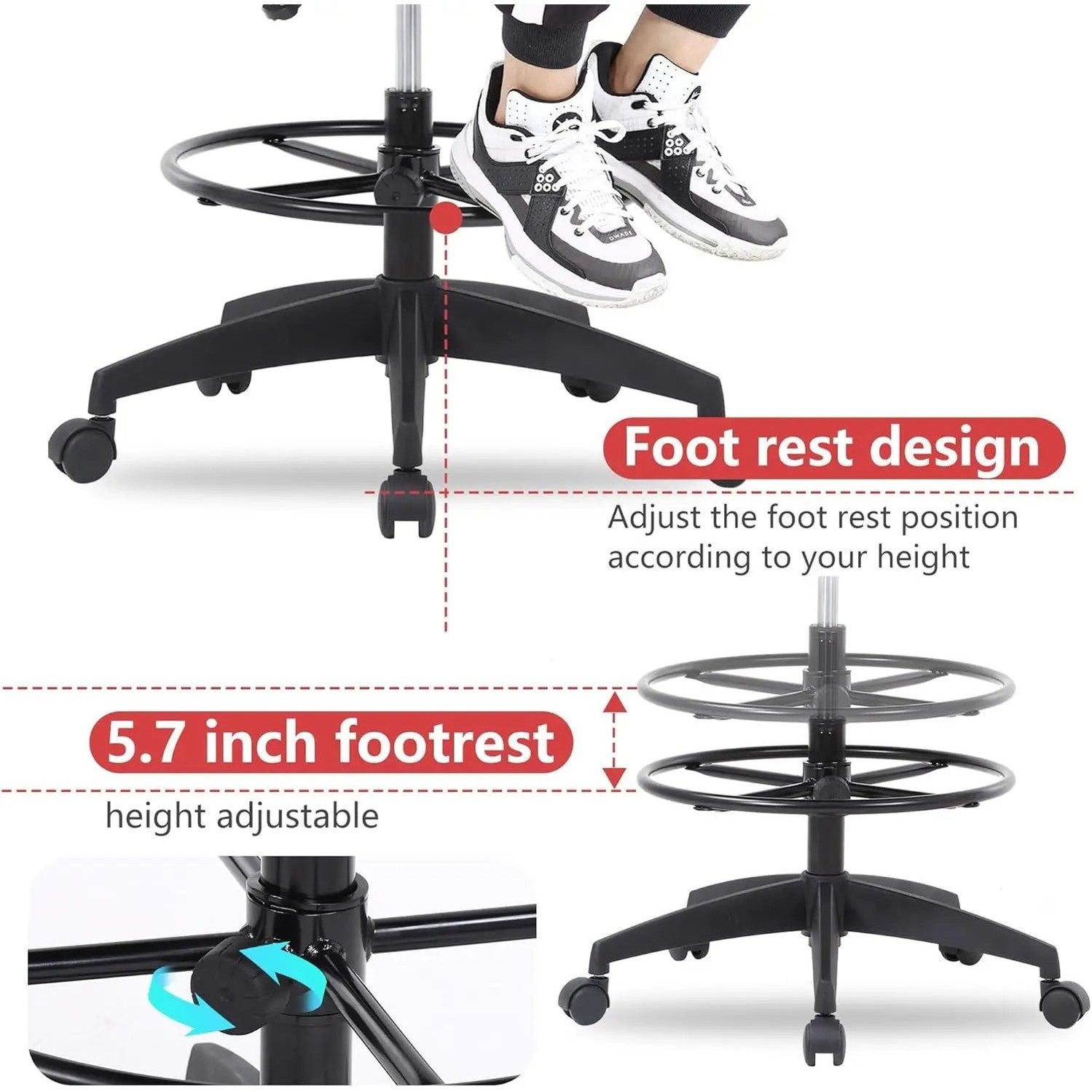 Black BestOffice ergonomic drafting chair with lumbar support, adjustable footrest, breathable mesh seat, ideal for office use.