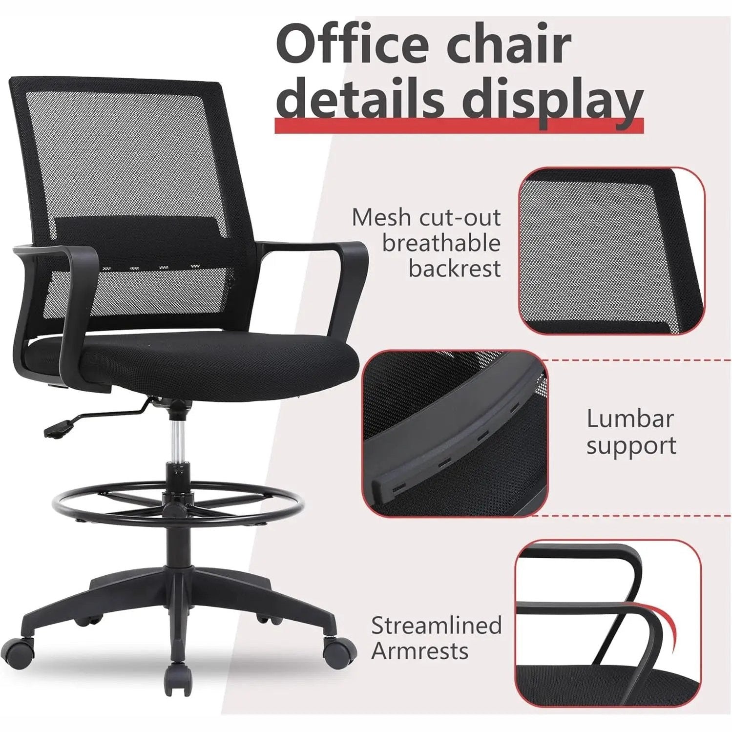 Black BestOffice ergonomic drafting chair with lumbar support, adjustable footrest, breathable mesh seat, ideal for office use.