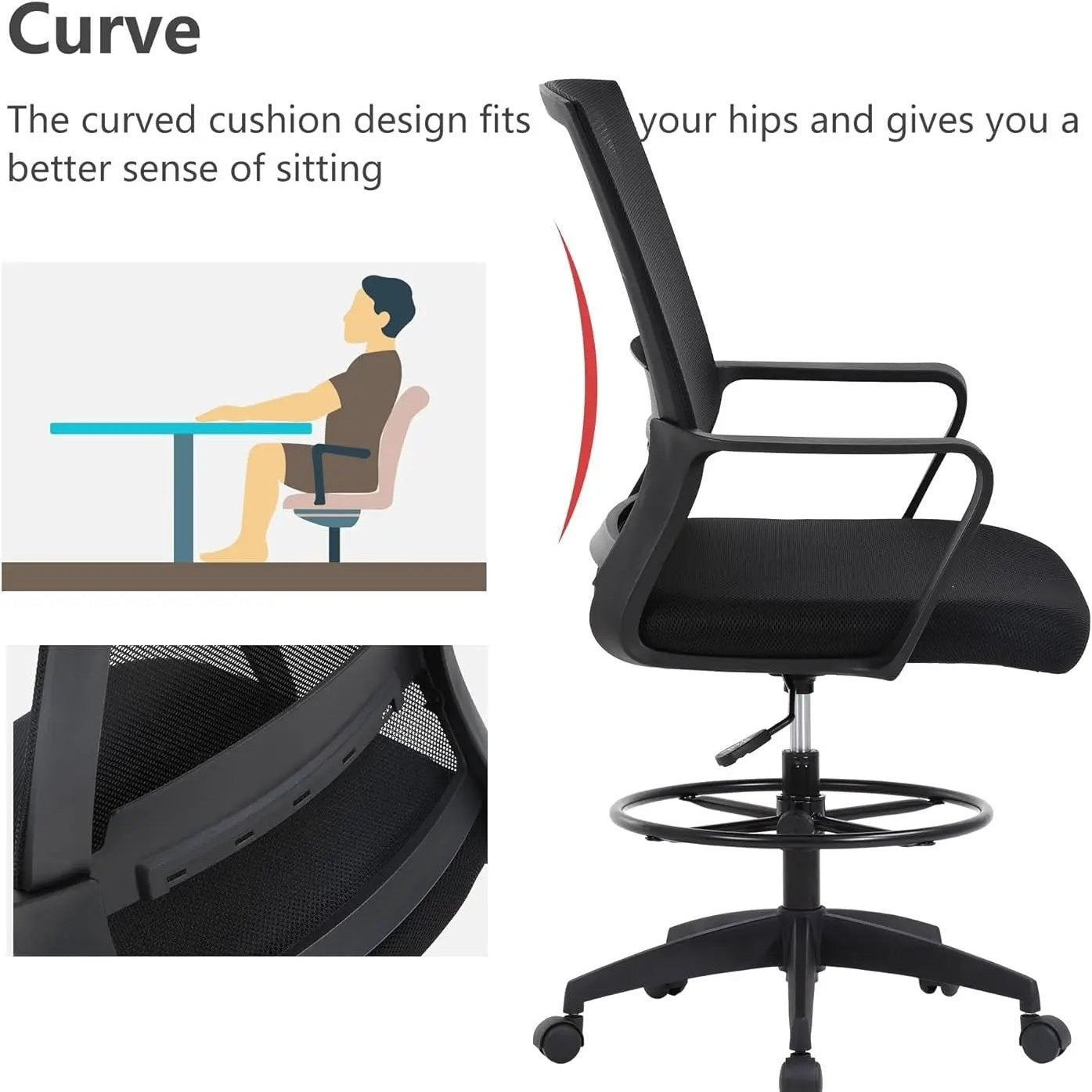 BestOffice ergonomic drafting chair with lumbar support, adjustable footrest, breathable mesh seat, and black office stool design.