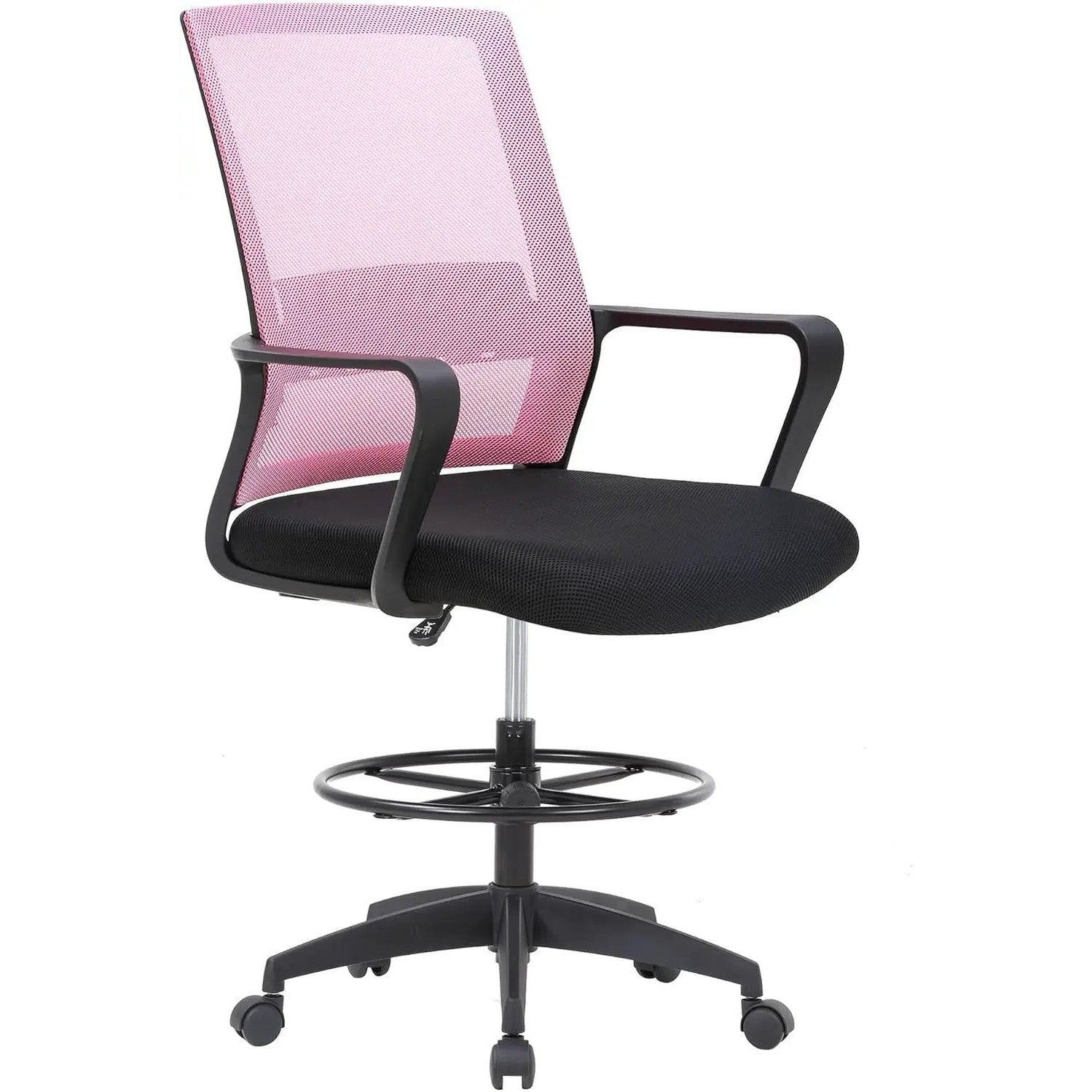 Black BestOffice ergonomic drafting chair with lumbar support, adjustable footrest, breathable mesh seat, ideal for office use.