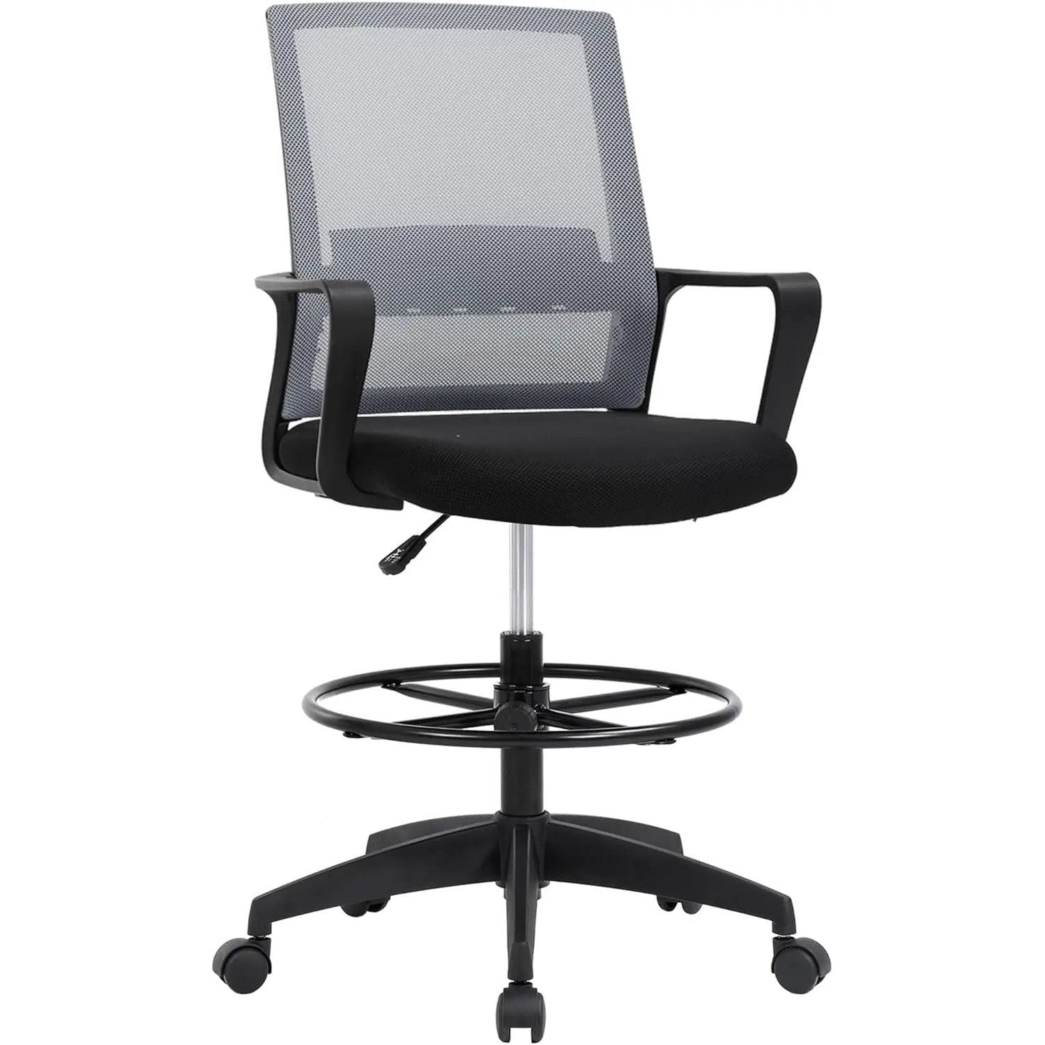 Black BestOffice ergonomic drafting chair with lumbar support, footrest, breathable mesh seat, and adjustable height for office comfort.