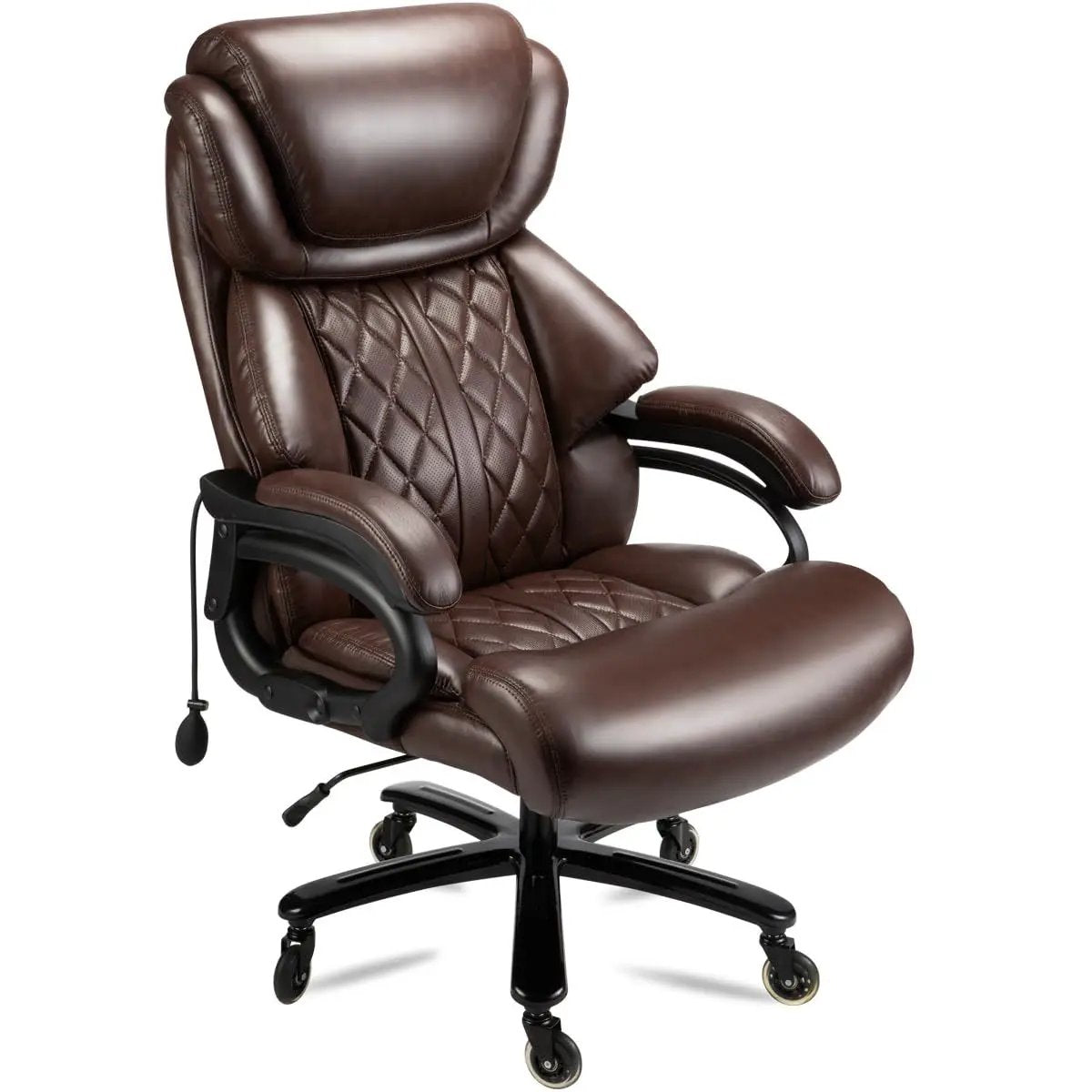 Brown quilted leather big-and-tall executive office chair with padded armrests and a wheeled five-star base