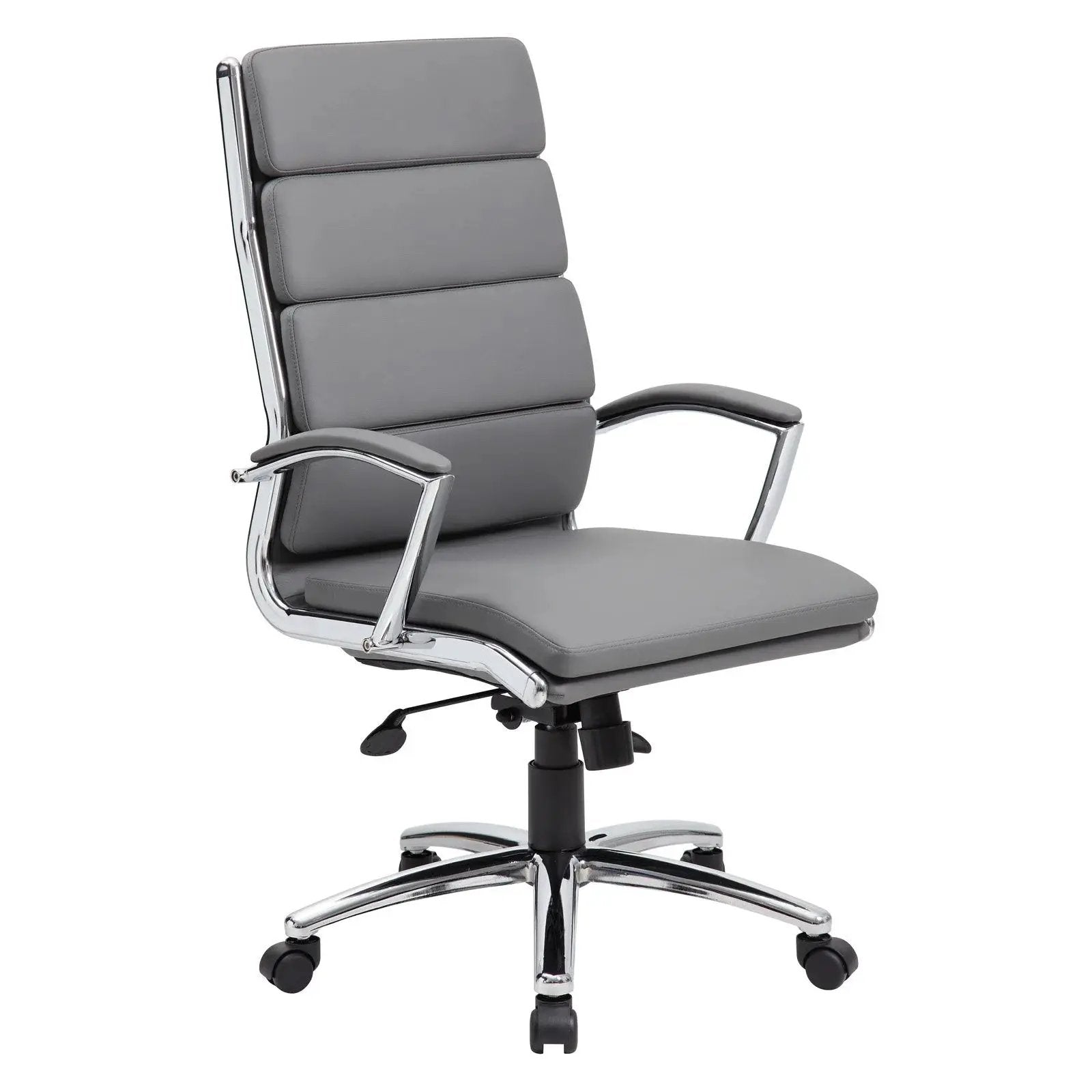 Gray Caressoftplus executive office chair by Boss Office Products with adjustable tilt and easy-to-clean vinyl upholstery.