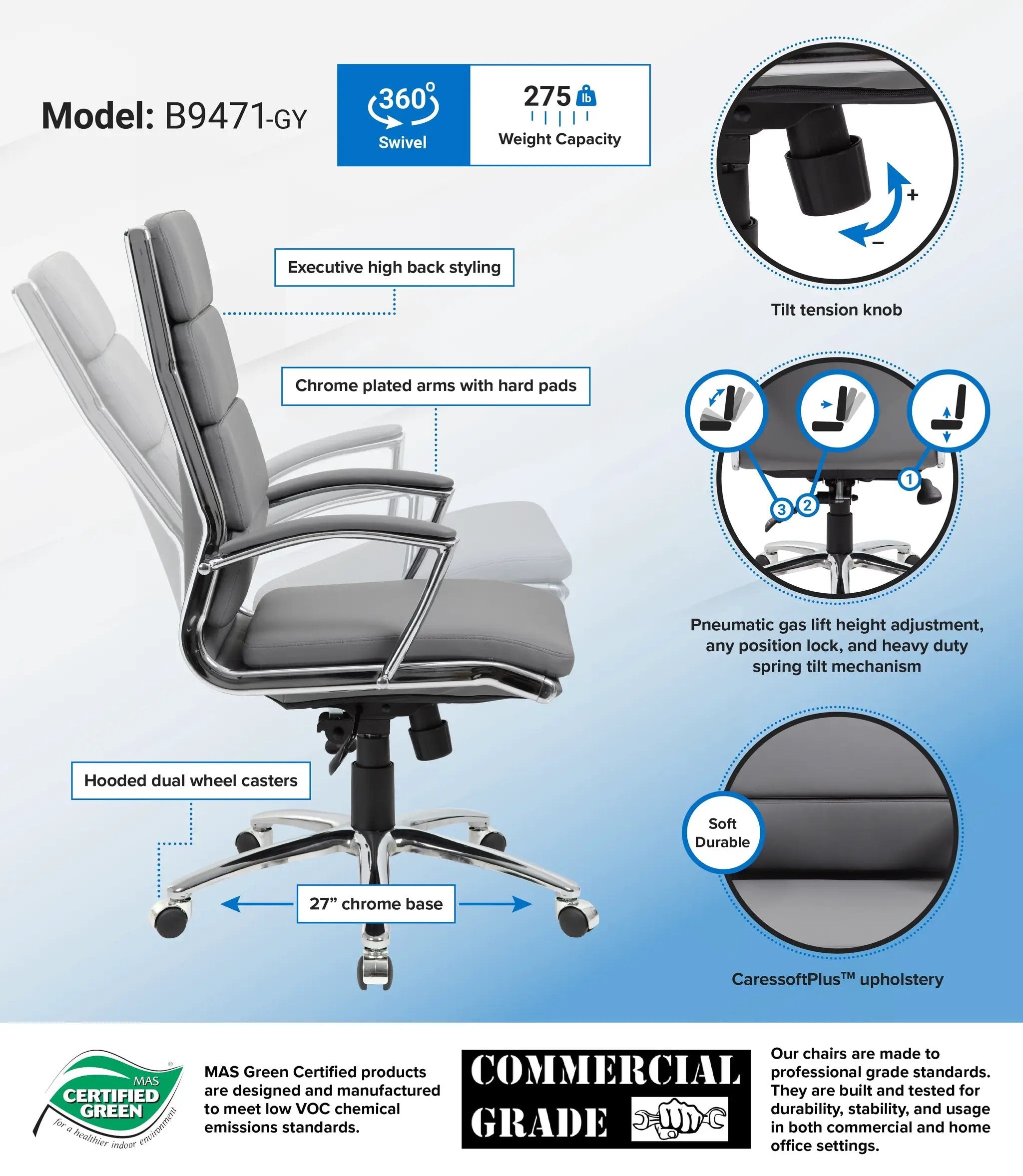 Gray Boss Office Products executive office chair with Caressoftplus vinyl, adjustable tilt, and ergonomic design for professionals.